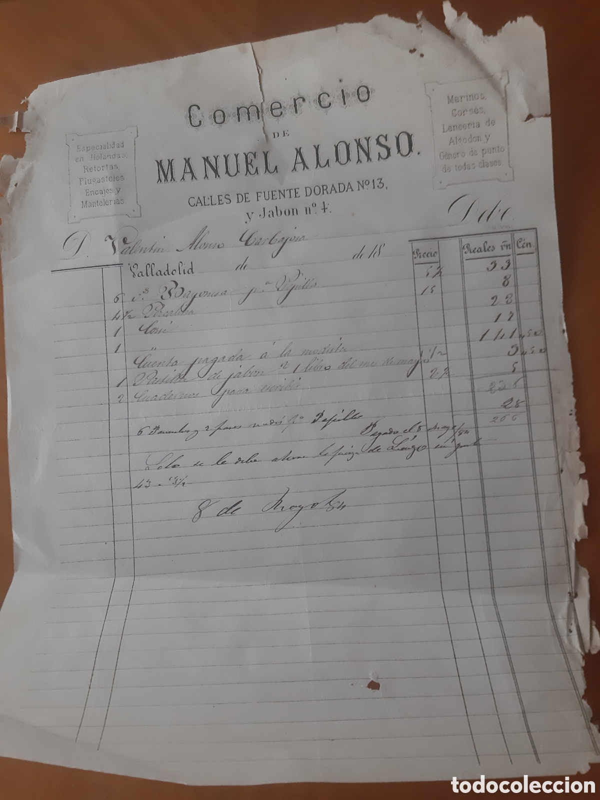 Facturas antiguas: Factura Valladolid. Comercio de Manuel Alonso. - Foto 1