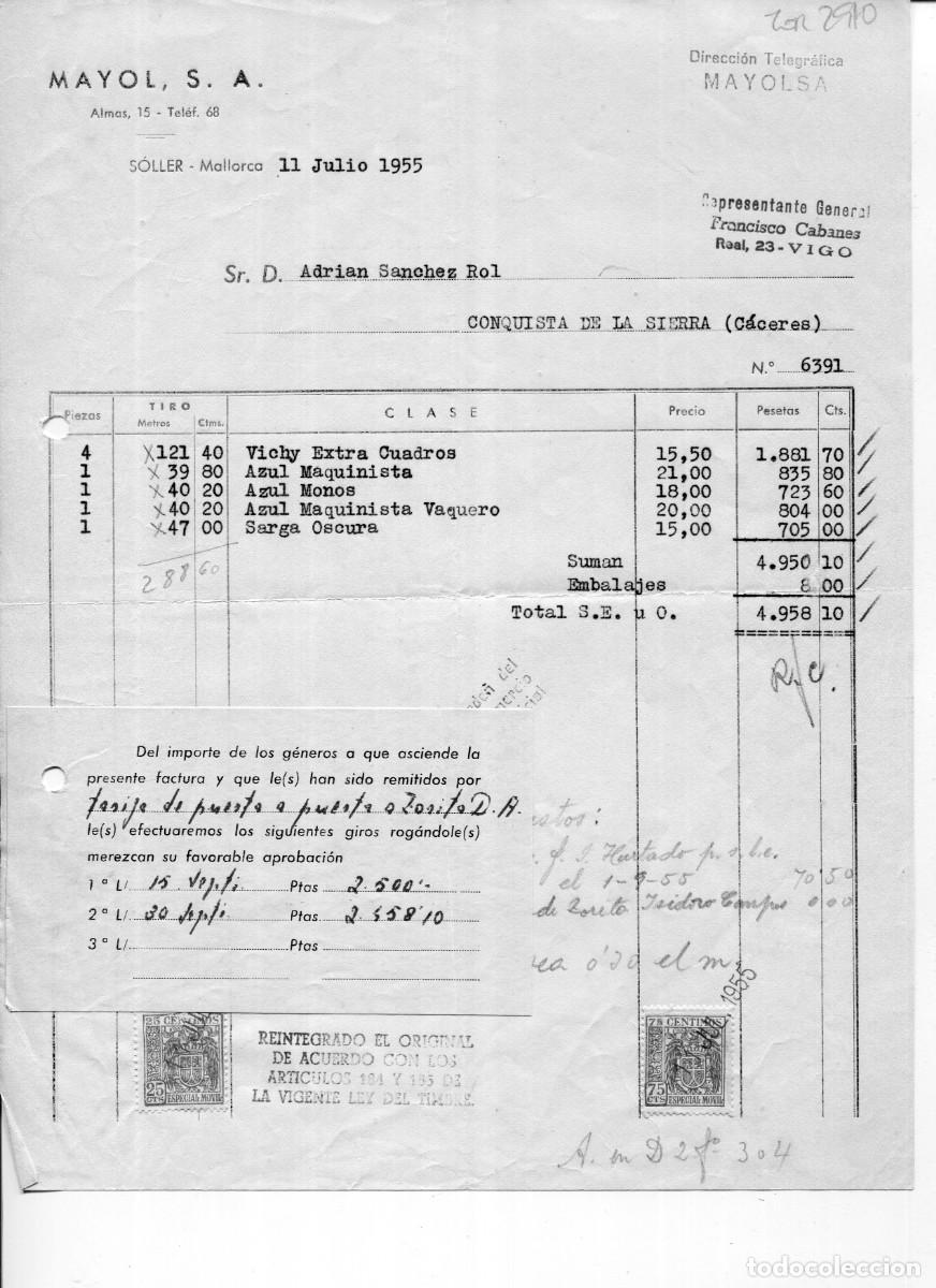 Facturas antiguas: MALLORCA-SOLLER-TEXTIL MAYOL S.A.-A&Ntilde;O 1955 - Foto 1