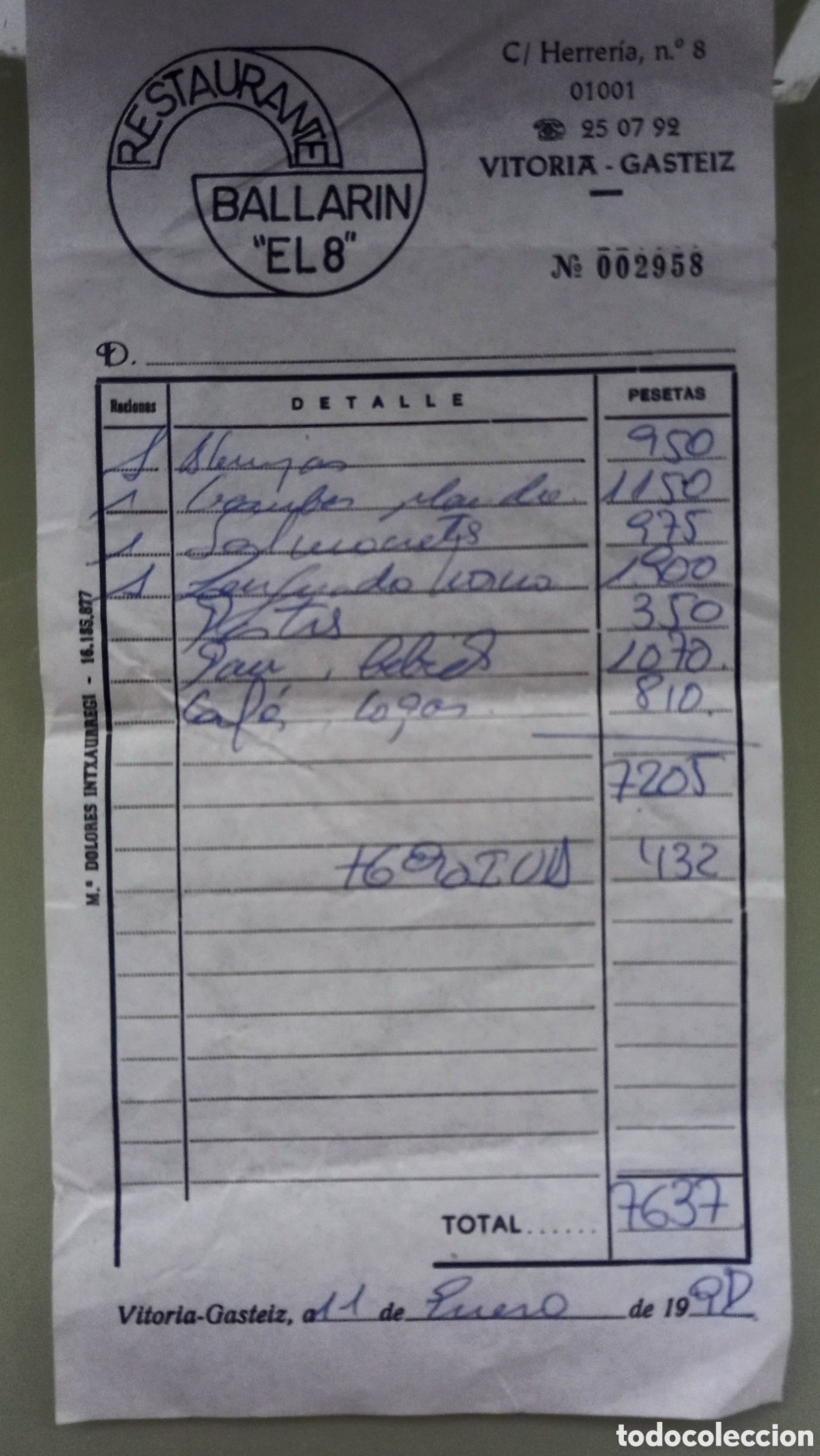 Facturas antiguas: RECIBO (CUENTA) DEL RESTAURANTE BALLARÍN, VITORIA, 1998