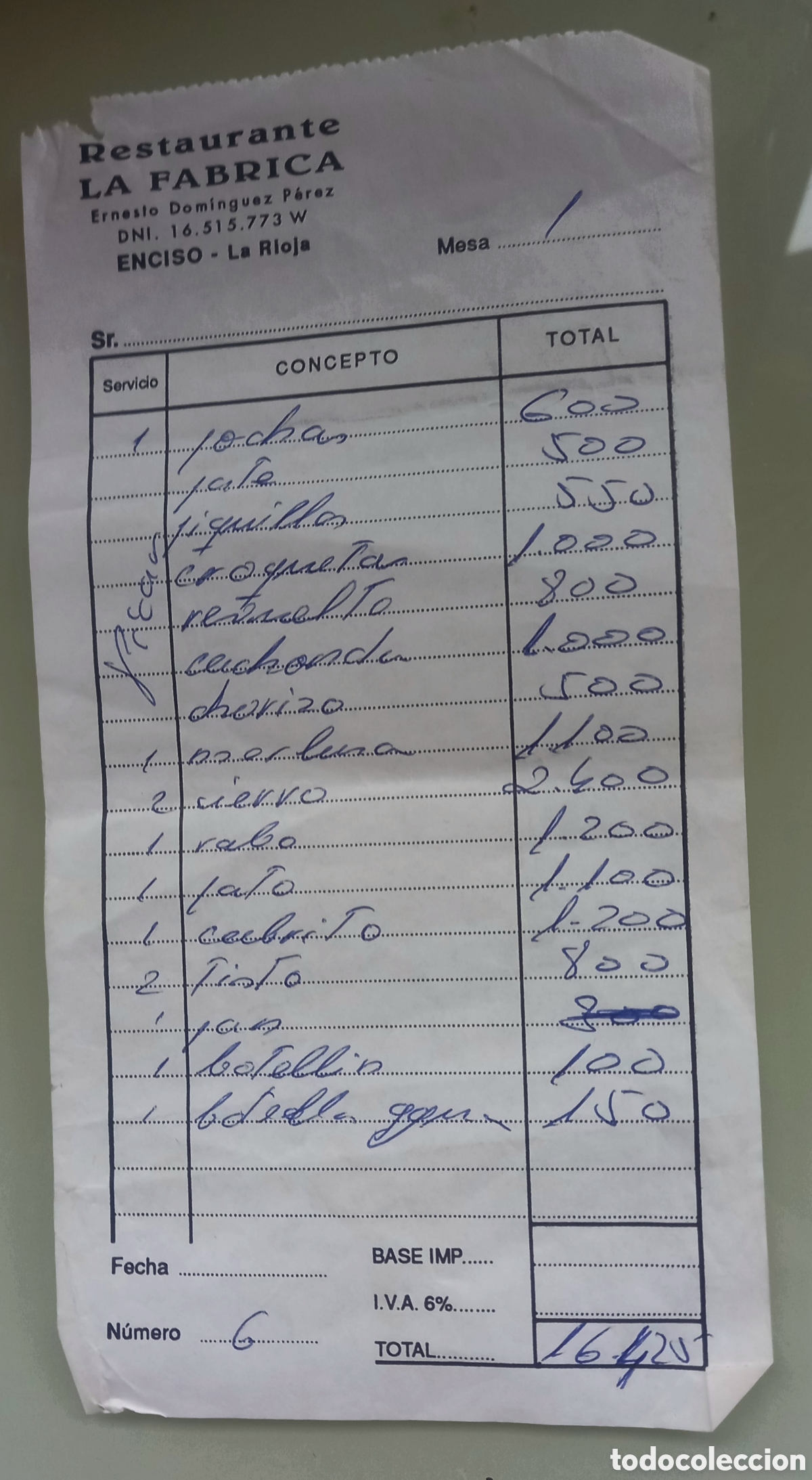 Facturas antiguas: RECIBO (CUENTA) DEL RESTAURANTE ”LA FÁBRICA”, ENCISO. En pesetas