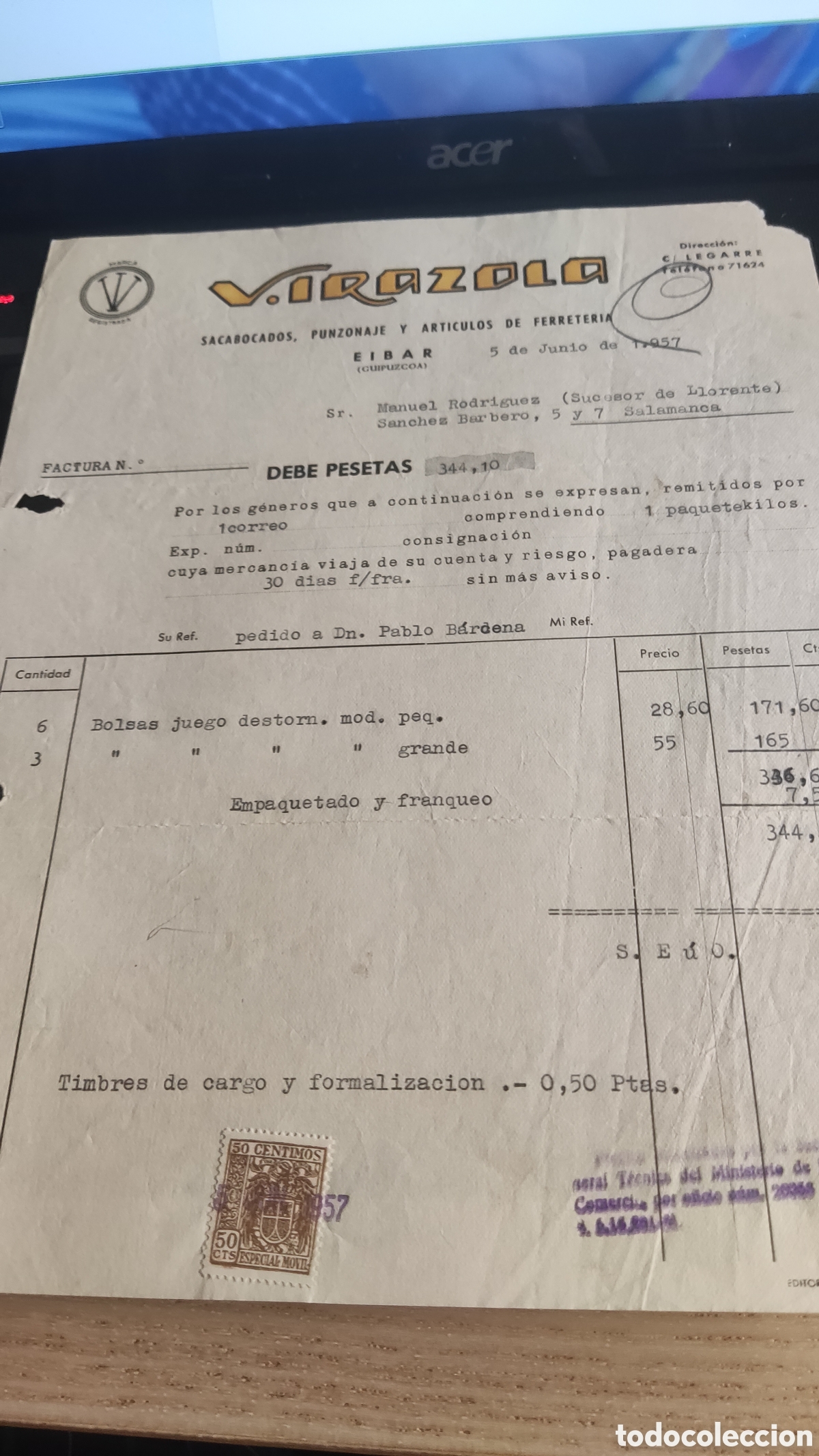 Facturas antiguas: Factura v. Irazola, Eibar 1957 - Foto 1