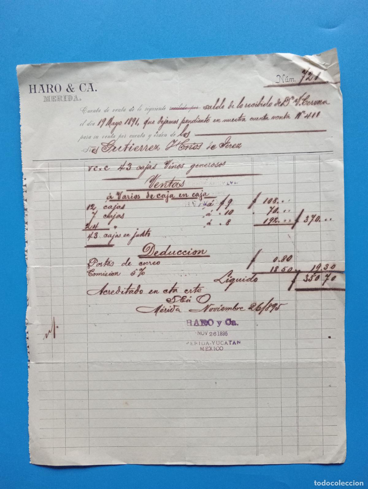 Facturas antiguas: FACTURA. MERIDA. 1921. HARO & CA. - Foto 1