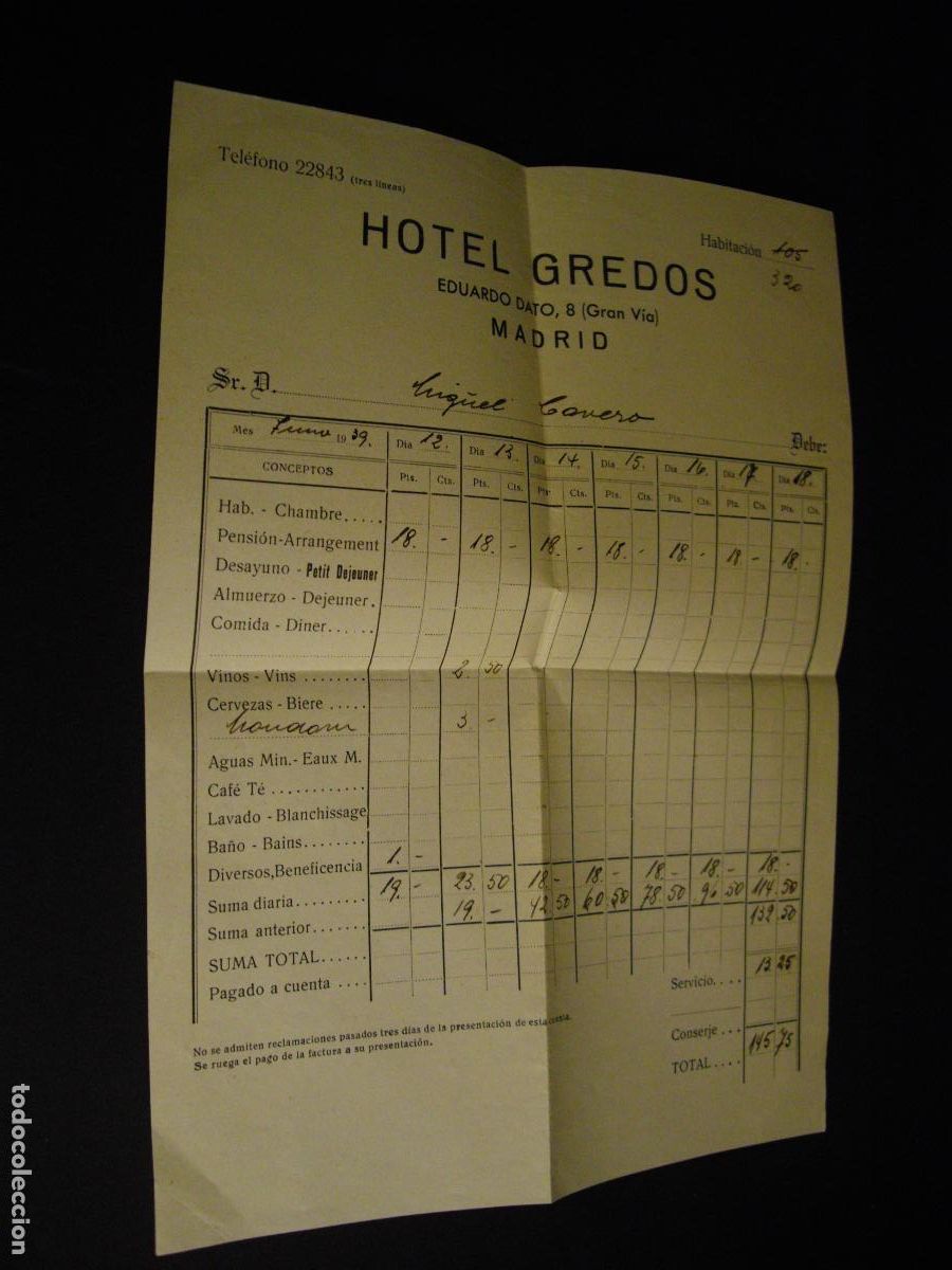 Facturas antiguas: MADRID HOTEL GREDOS FACTURA - Foto 1