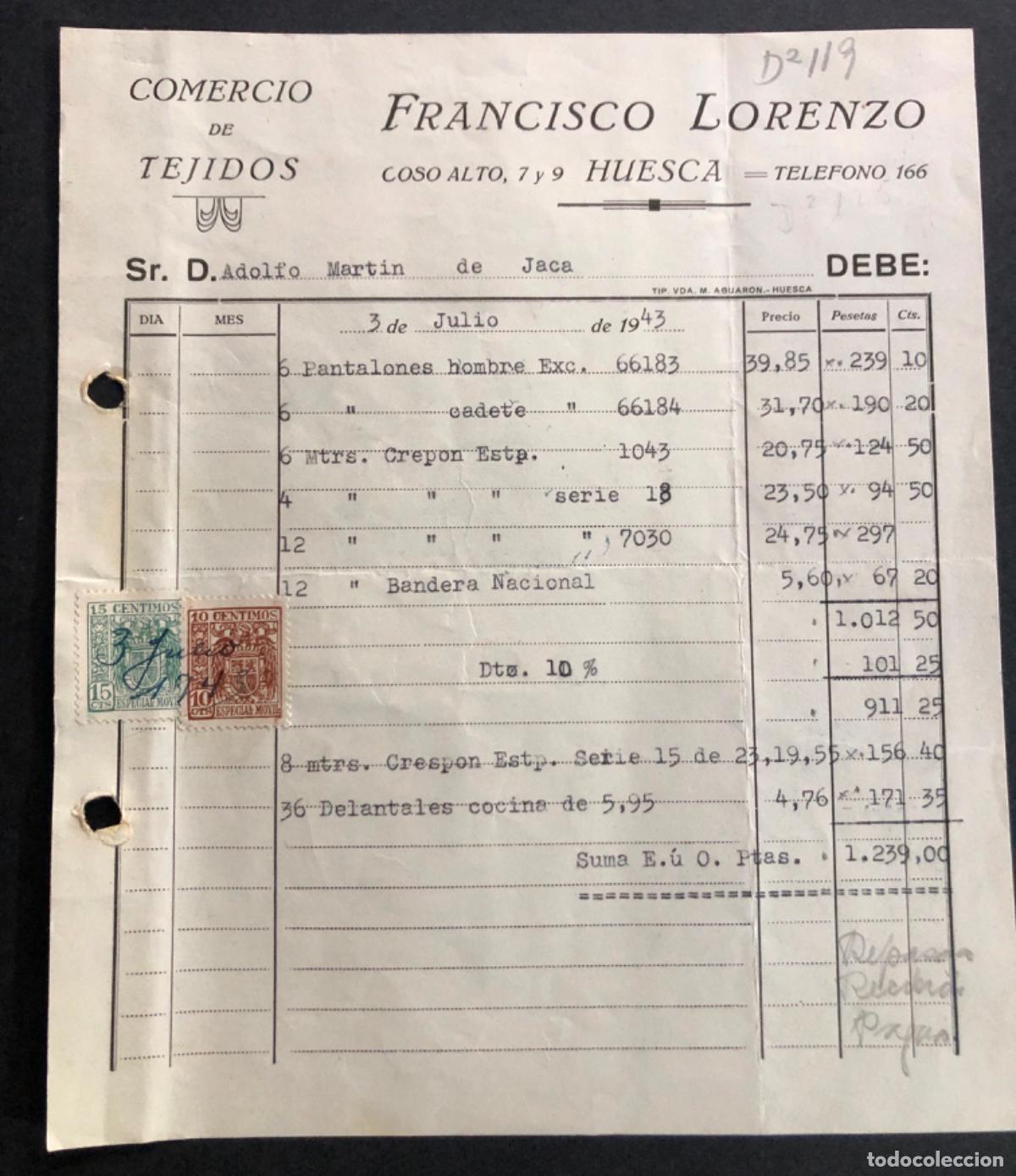Facturas antiguas: HUESCA 1943 / COMERCIO DE TEJIDOS / FRANCISCO LORENZO - Foto 1