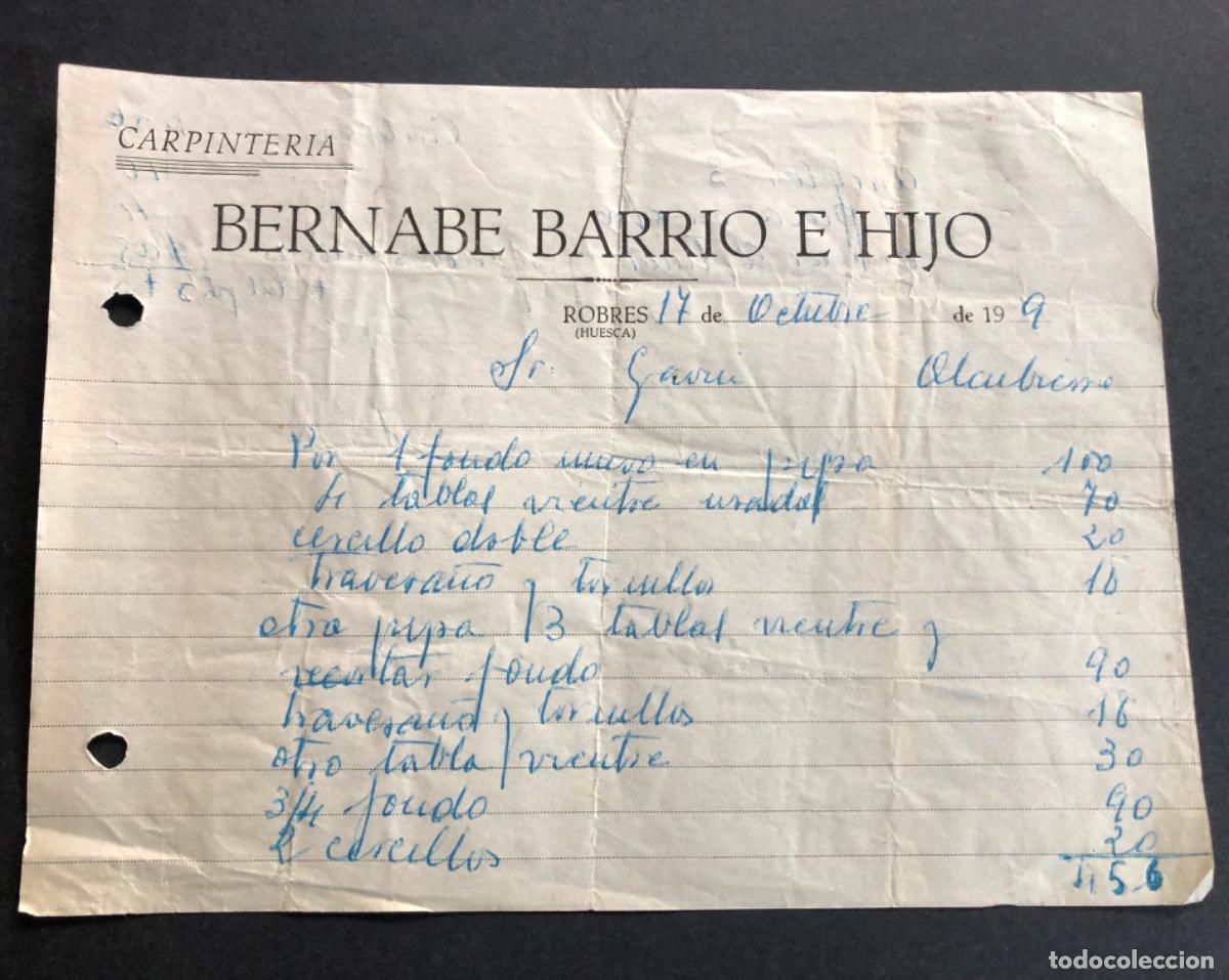 Facturas antiguas: ROBRES (HUESCA) 1909 / CARPINTERIA BERNABE BARRIO E HIJO - Foto 1