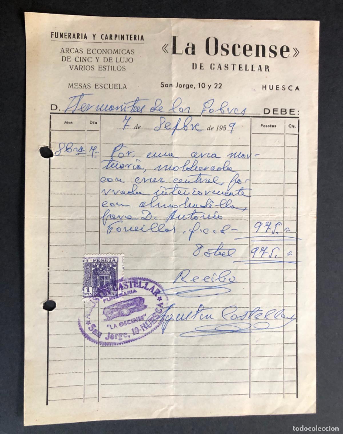 Facturas antiguas: HUESCA 1959 / FUNERARIA Y CARPINTERIA LA OSCENSE DE CASTELLAR - Foto 1