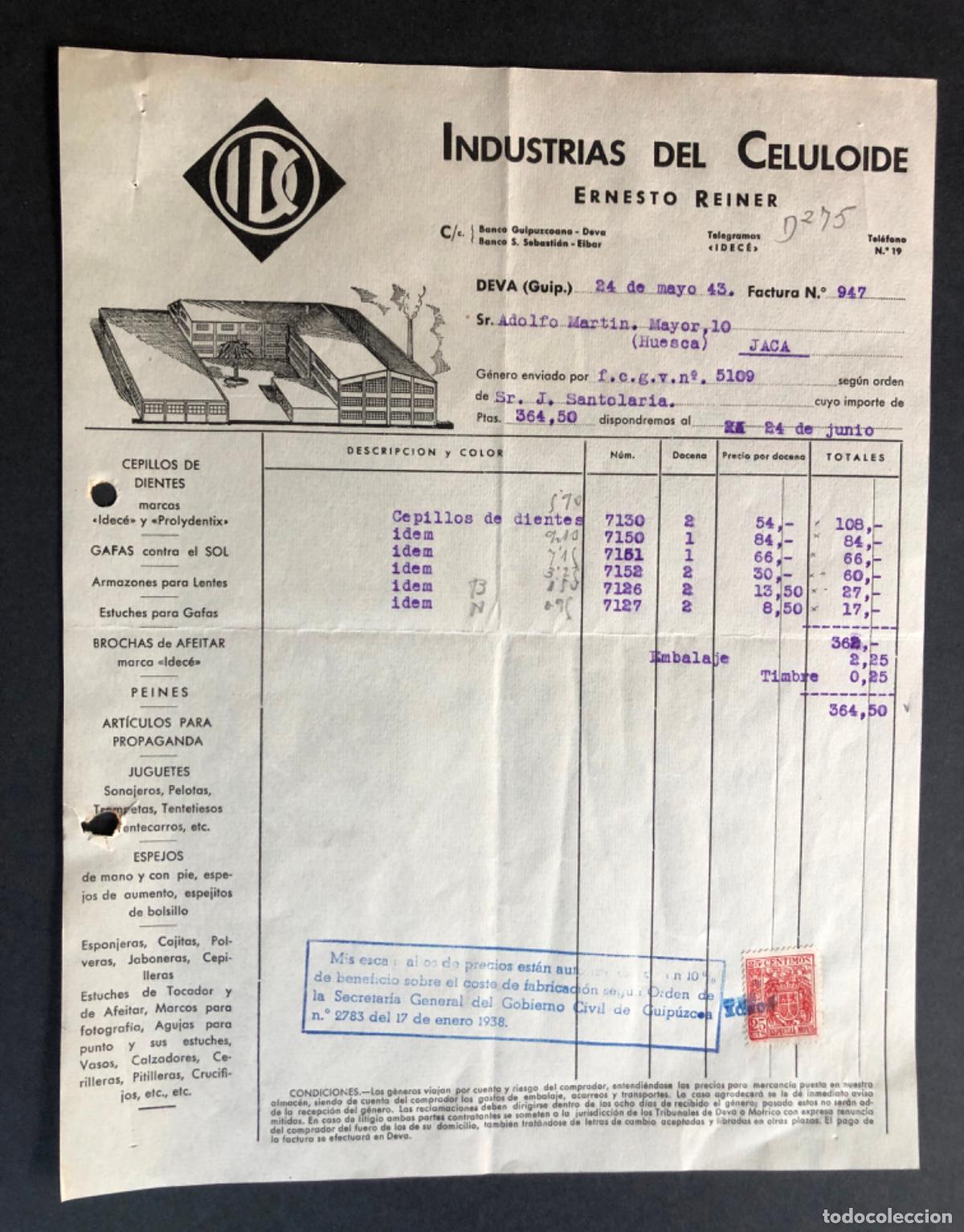 Facturas antiguas: DEVA (GUIPUZCOA) 1943 / INDUSTRIAS DEL CELULOIDE ERNESTO REINER - Foto 1