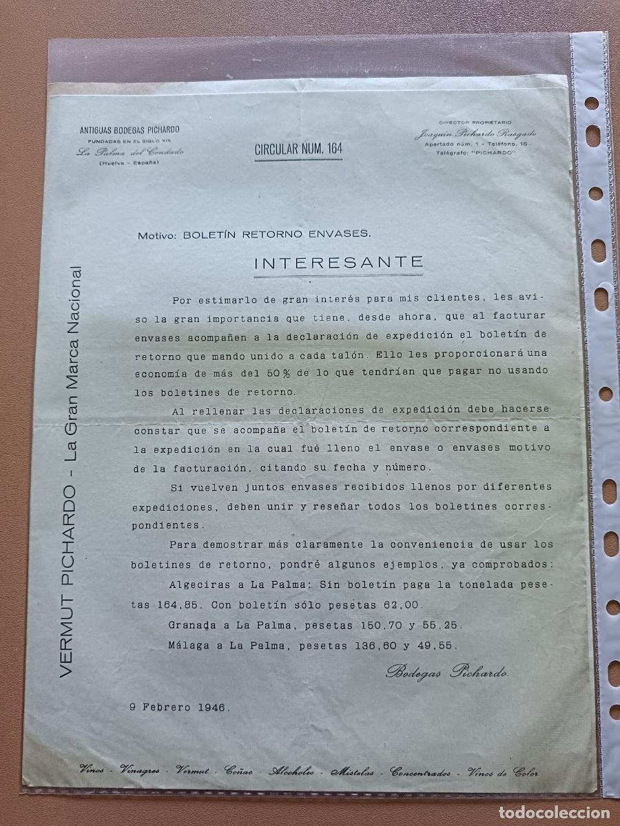Facturas antiguas: ANTIGUAS BODEGAS PICHARDO- CIRCULAR 164 (HUELVA) - Foto 1