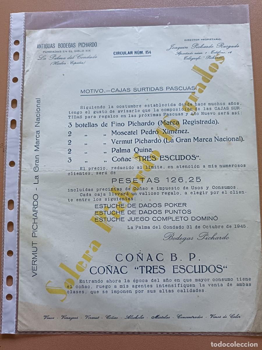 Facturas antiguas: ANTIGUAS BODEGAS PICHARDO- CIRCULAR 154 (HUELVA) - Foto 1