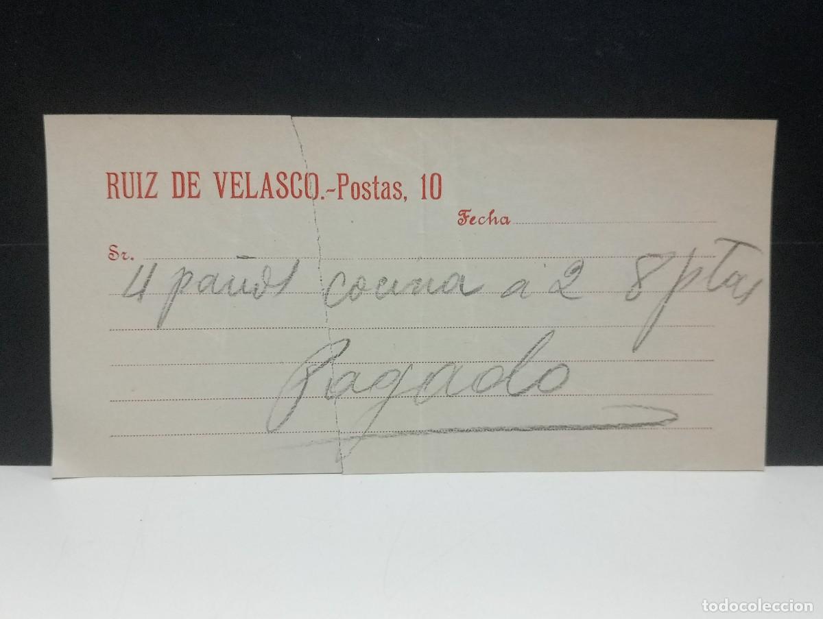 Facturas antiguas: RUIZ DE VELASCO. POSTAS, 10. PA&Ntilde;OS DE COCINA - Foto 1