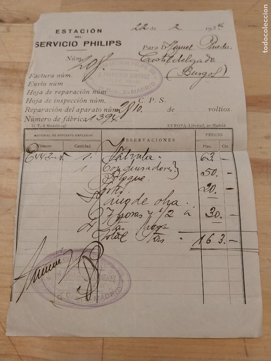 Facturas antiguas: FACTURA A&Ntilde;O 1934 SERVICIO PHILIPS - Foto 1