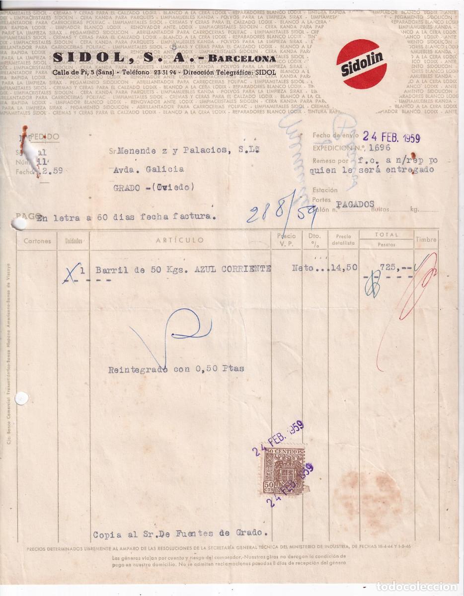 Facturas antiguas: FACTURA. SIDOL. SIDOL&Iacute;N. BARCELONA, 1959 - Foto 1