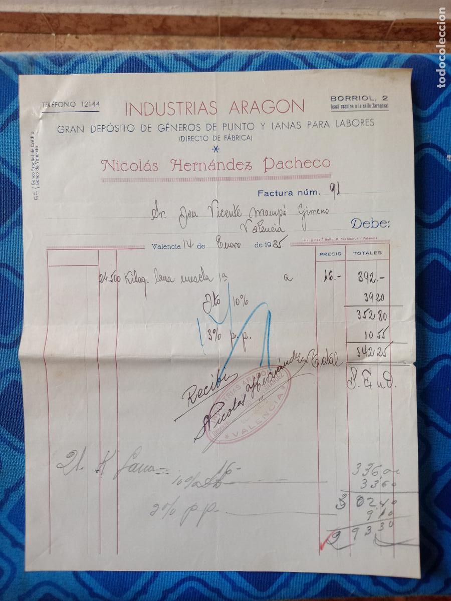Facturas antiguas: Industrias ARAGON. Lanas, Valencia. 1935 - Foto 1