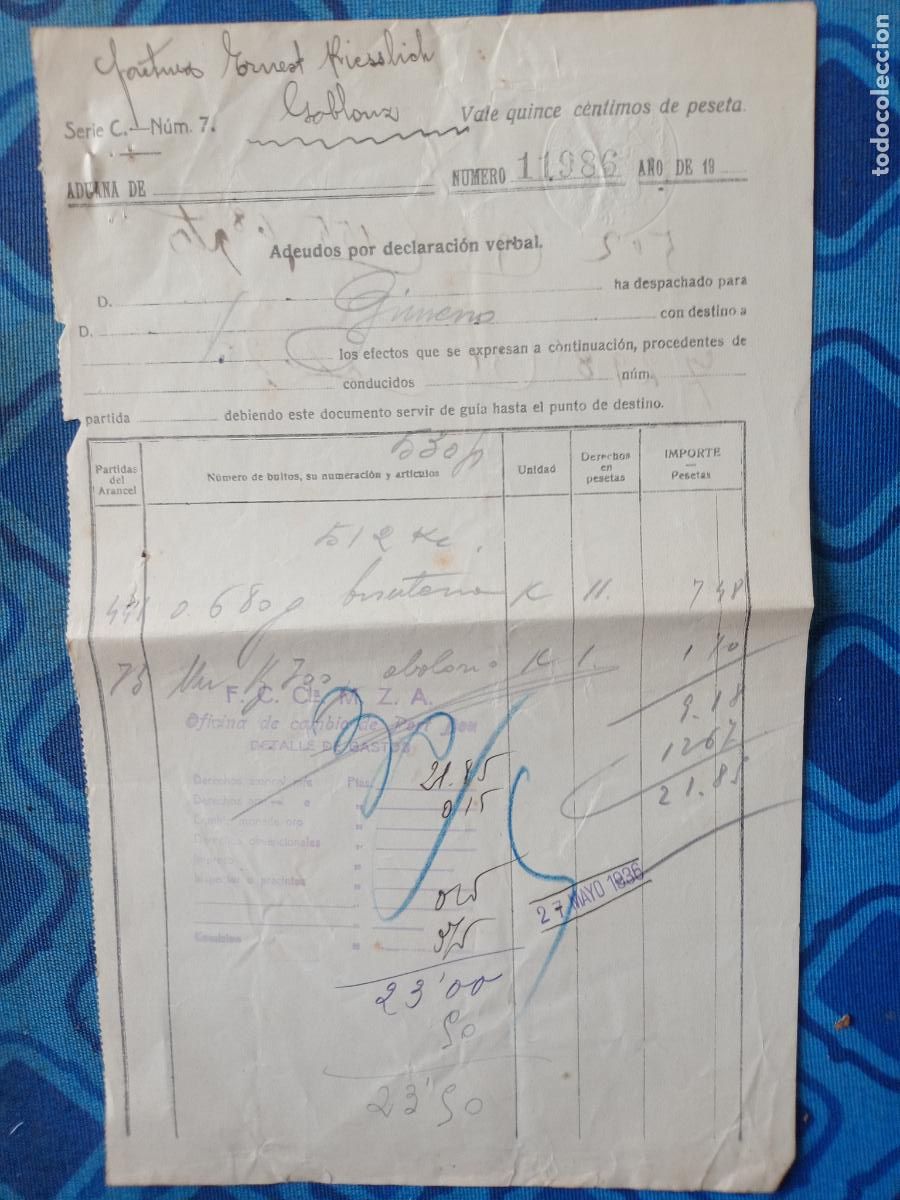 Facturas antiguas: Aduana de Port Bou. Adeudo. 1936 - Foto 1