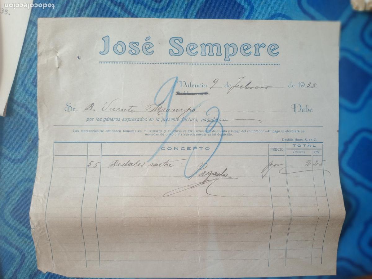 Facturas antiguas: Jos&eacute; Sempere. Valencia 1935 - Foto 1