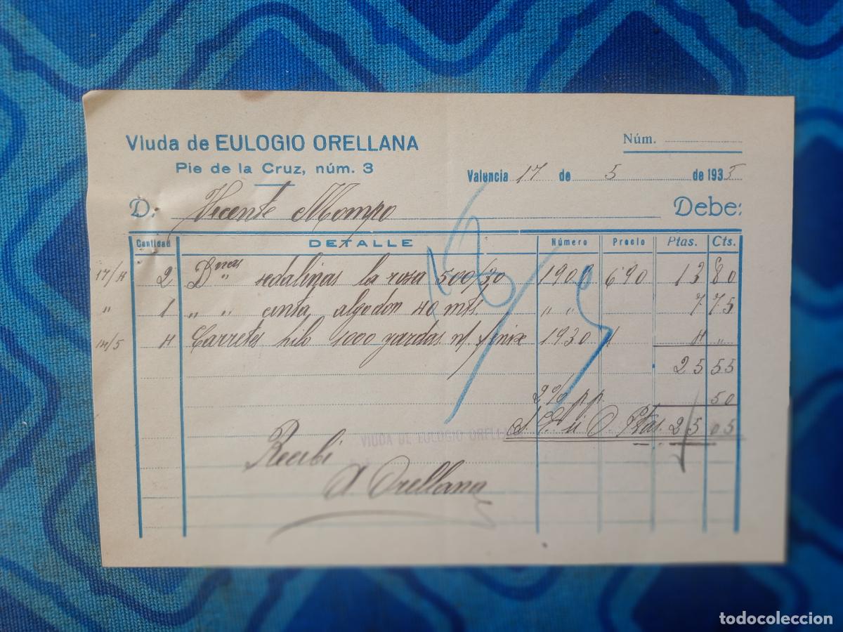 Facturas antiguas: Viuda de Eulogio Orellana, Valencia 1935 - Foto 1