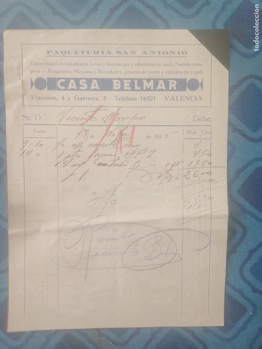 Facturas antiguas: Casa Belmar, Valencia 1935 - Foto 1
