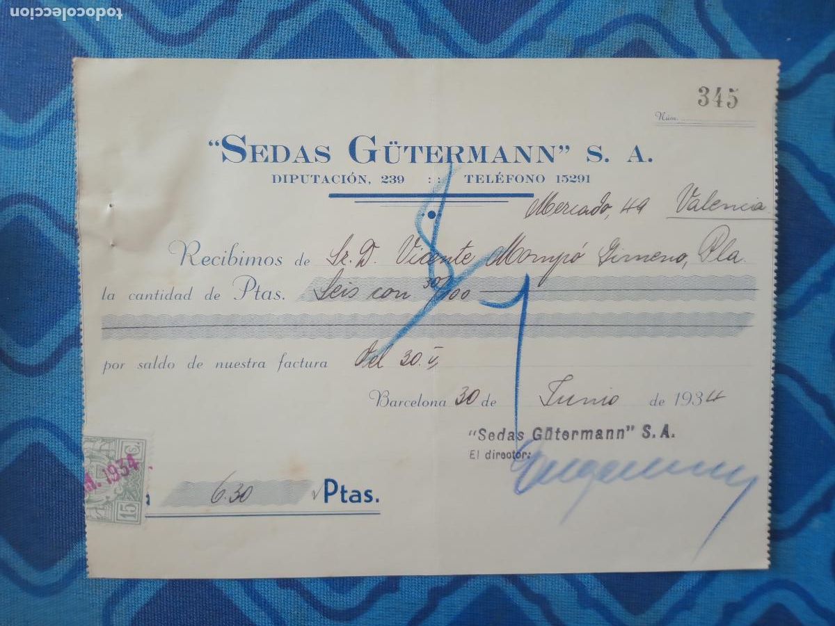 Facturas antiguas: Sedas G&uuml;termann. Barcelona 1934 - Foto 1