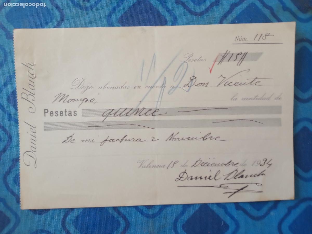 Facturas antiguas: Daniel Blanch. Valencia. Recibo 1934 - Foto 1
