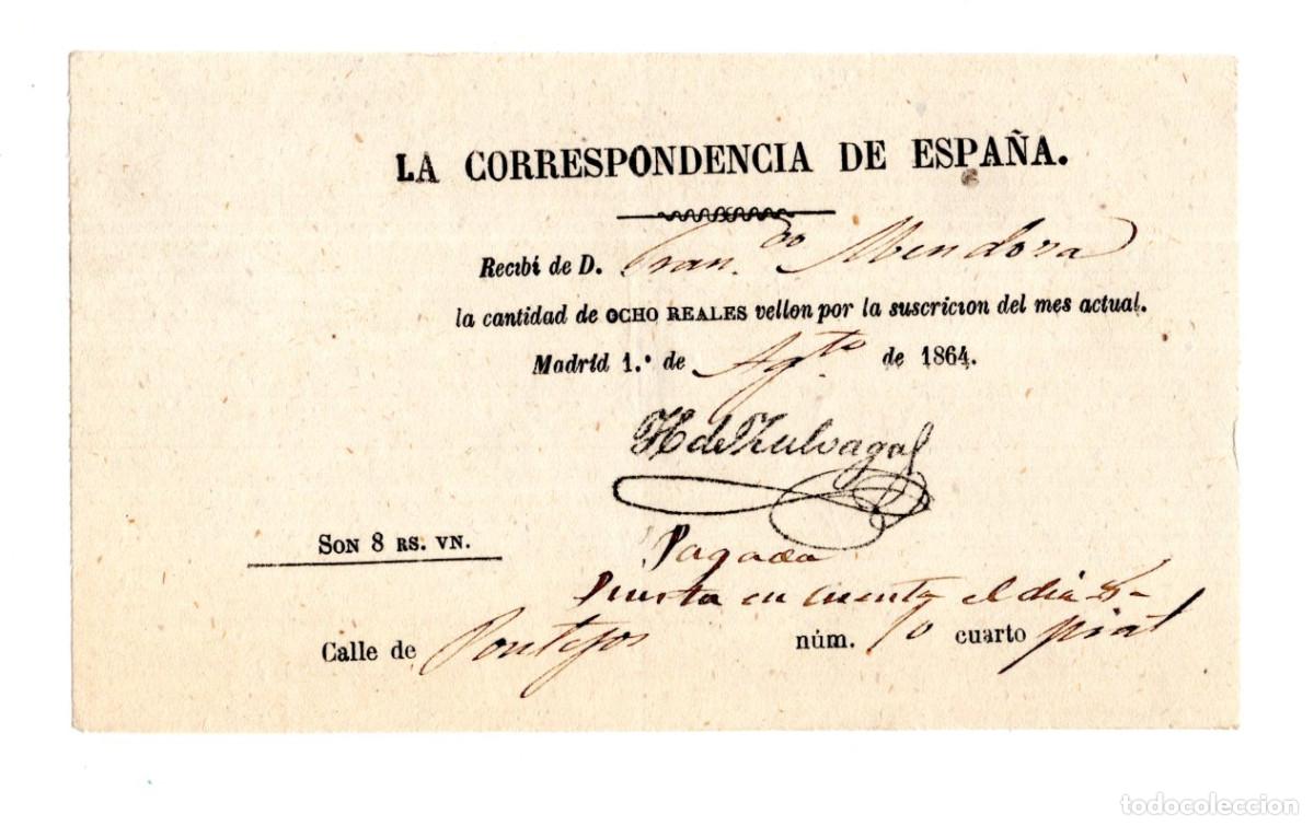 Facturas antiguas: RECIBO. LA CORRESPONDENCIA DE ESPA&Ntilde;A. 1864 - Foto 1
