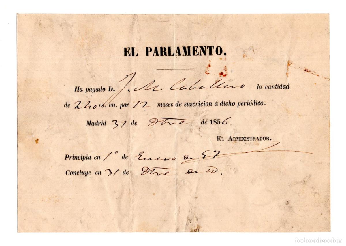 Facturas antiguas: RECIBO. PERI&Oacute;DICO. EL PARLAMENTO. 1856. - Foto 1