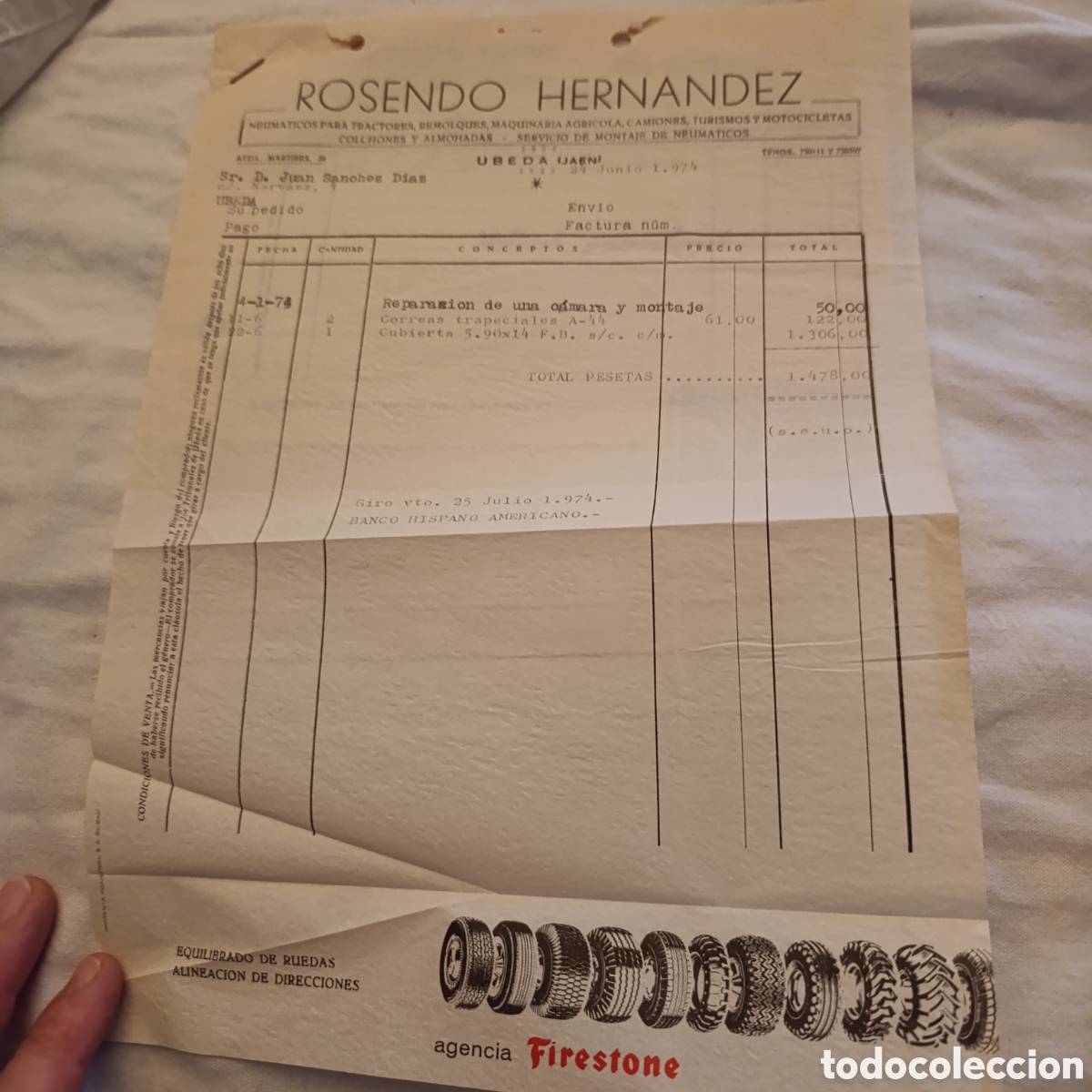 Facturas antiguas: &Uacute;BEDA,FACTURA FIRESTONE A&Ntilde;O 1974 - Foto 1