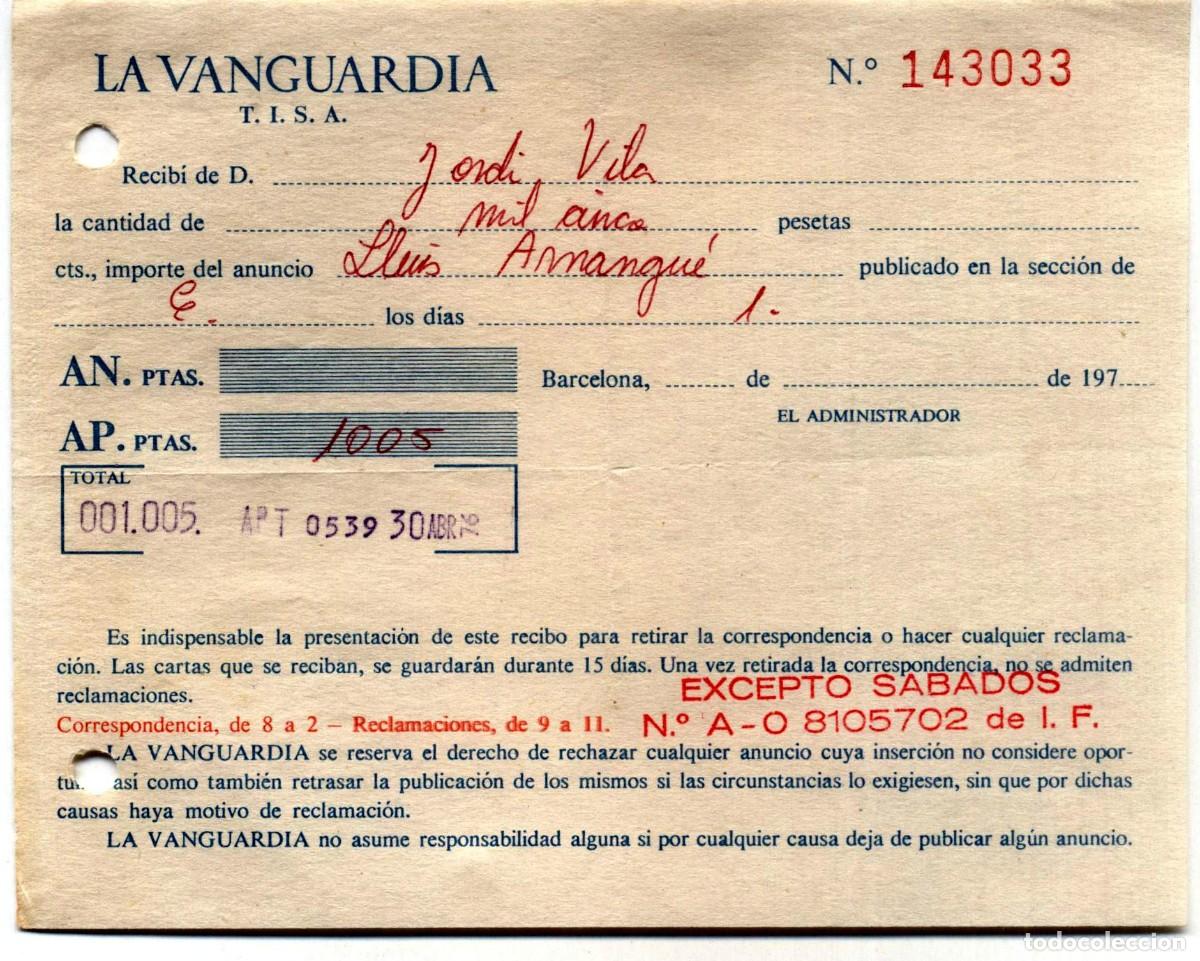 Facturas antiguas: Recibo La Vanguardia 1976 - Foto 1