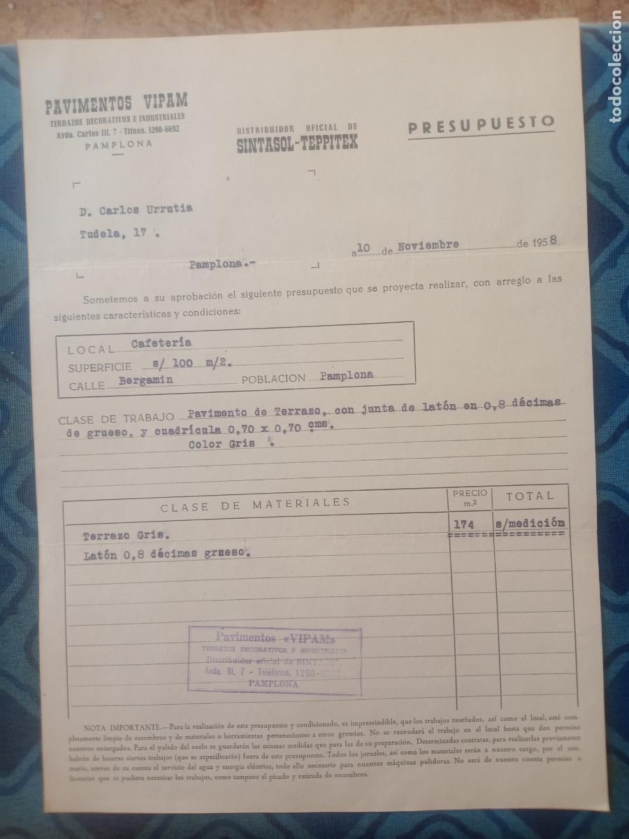 Facturas antiguas: Pavimentos VIPAM. Pamplona 1958 - Foto 1