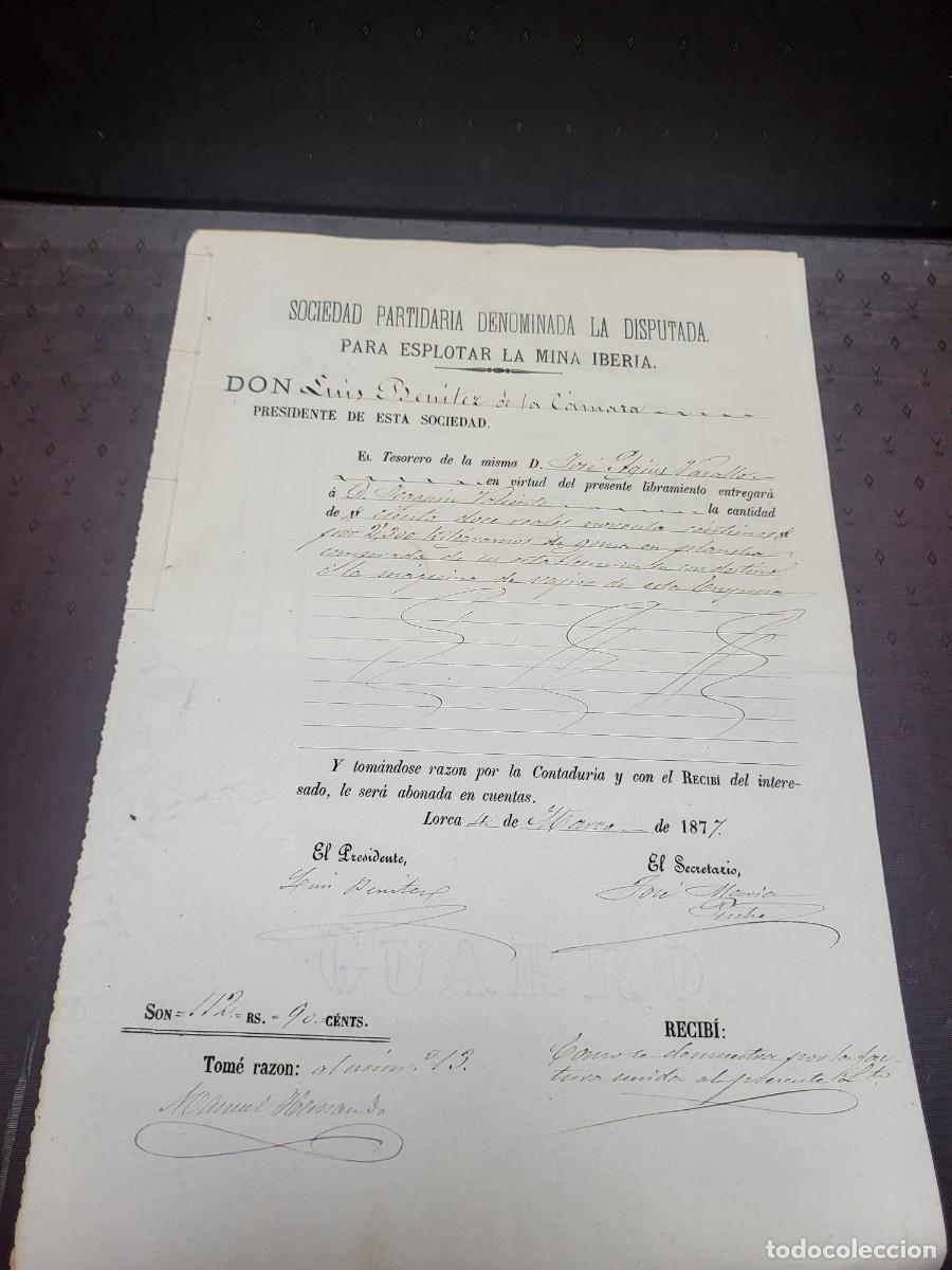 Facturas antiguas: LIBRAMIENTO PAGO MINA IBERIA LORCA A EFECTOS NAVALES JOAQUIN VALIENTE 1877 - Foto 1