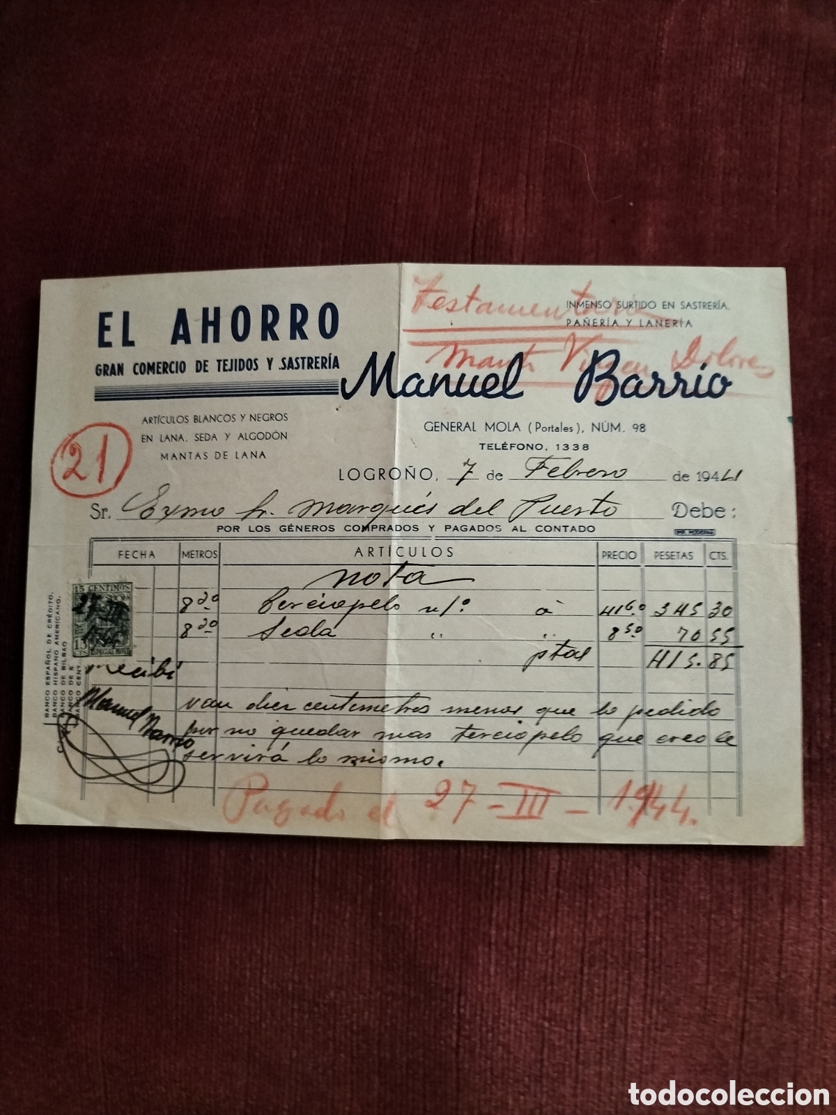 Facturas antiguas: Logro&ntilde;o. Dos facturas de los a&ntilde;os 40. - Foto 3