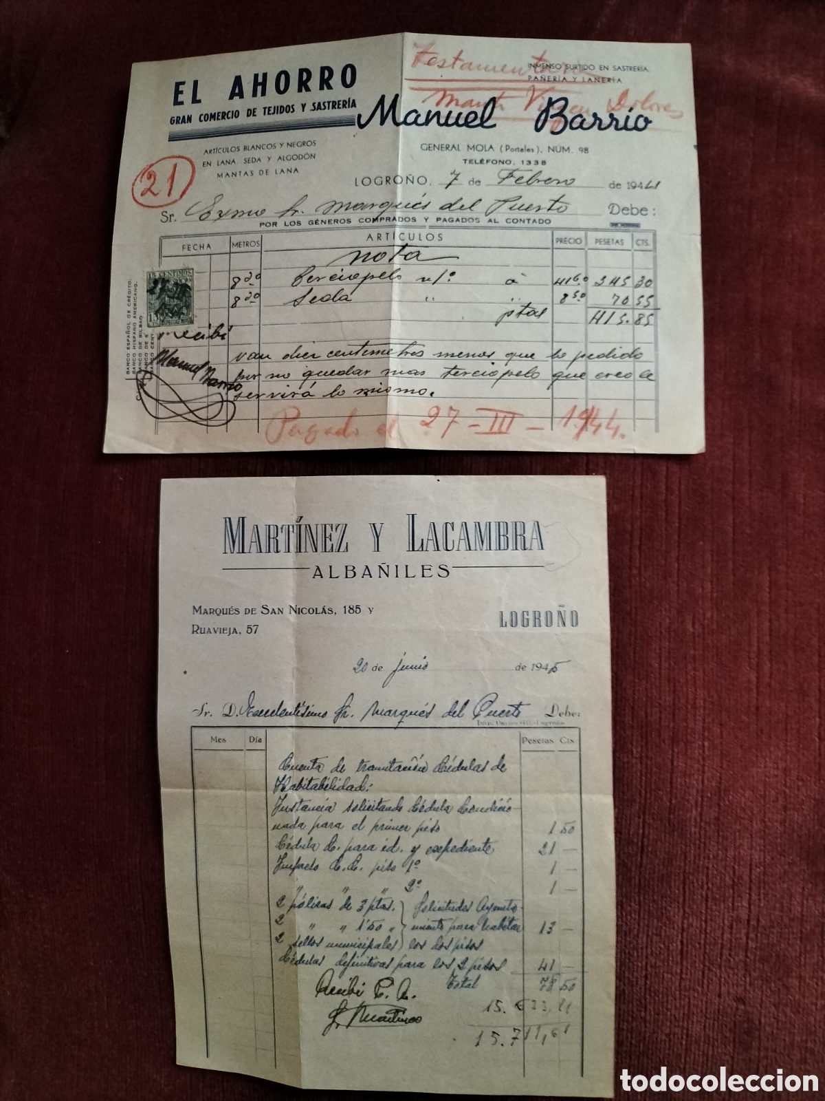 Facturas antiguas: Logro&ntilde;o. Dos facturas de los a&ntilde;os 40. - Foto 1