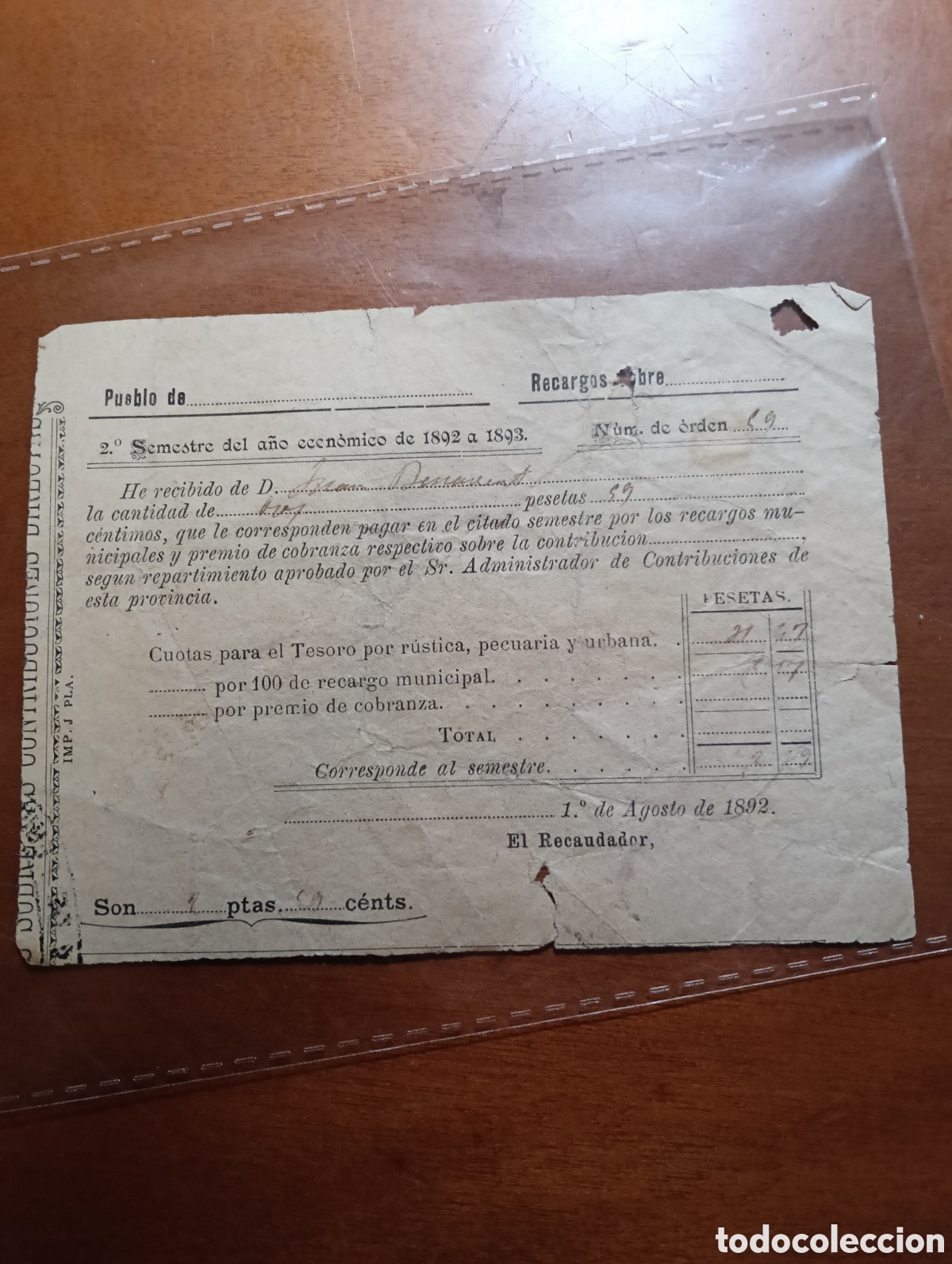 Facturas antiguas: Recibo de Contribuci&oacute;n de L&eacute;rida 4 c&eacute;ntimos 1892 - Foto 1