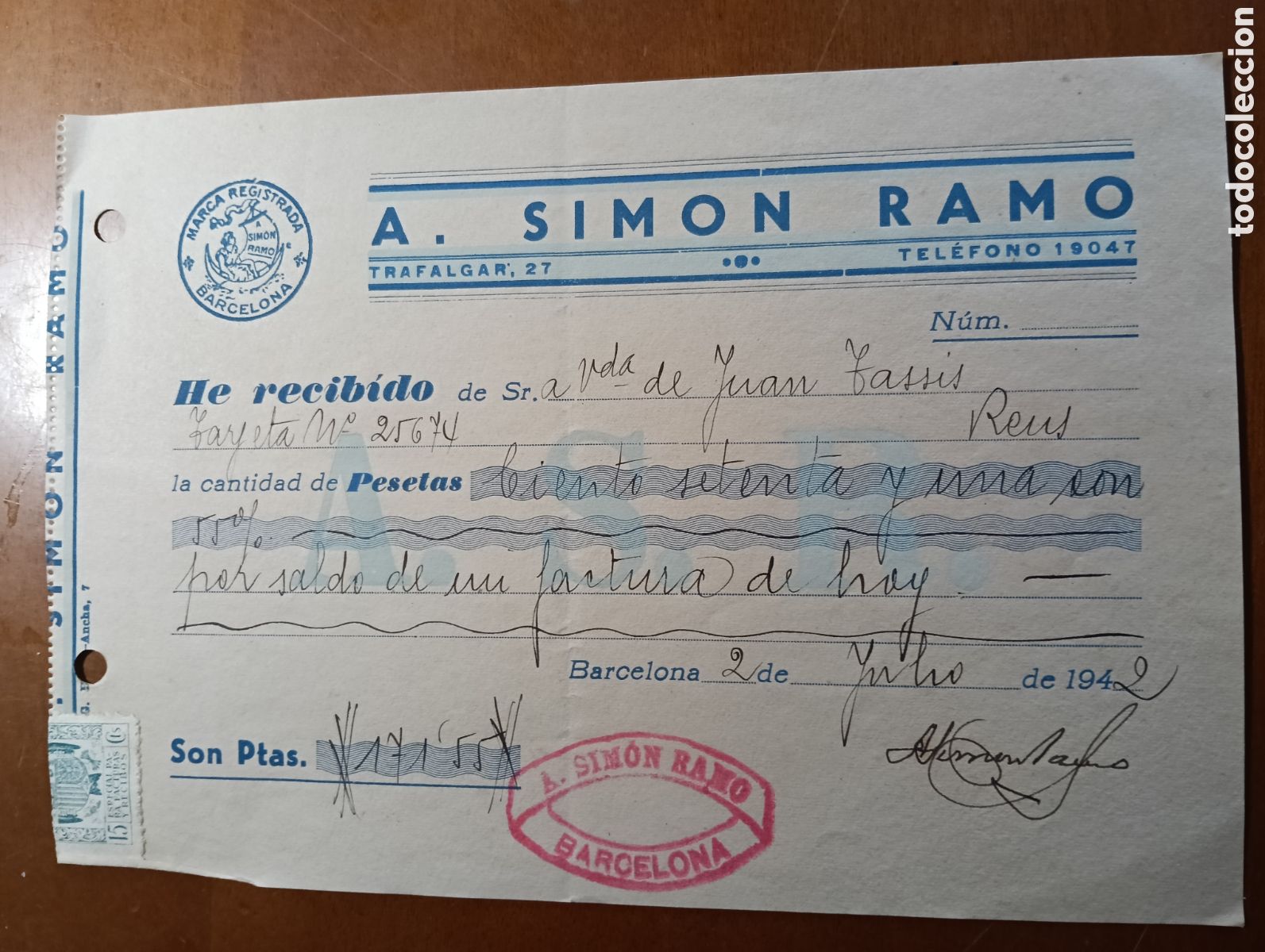 Facturas antiguas: Recibo de A. Simon Ramo en Reus 1942 - Foto 1
