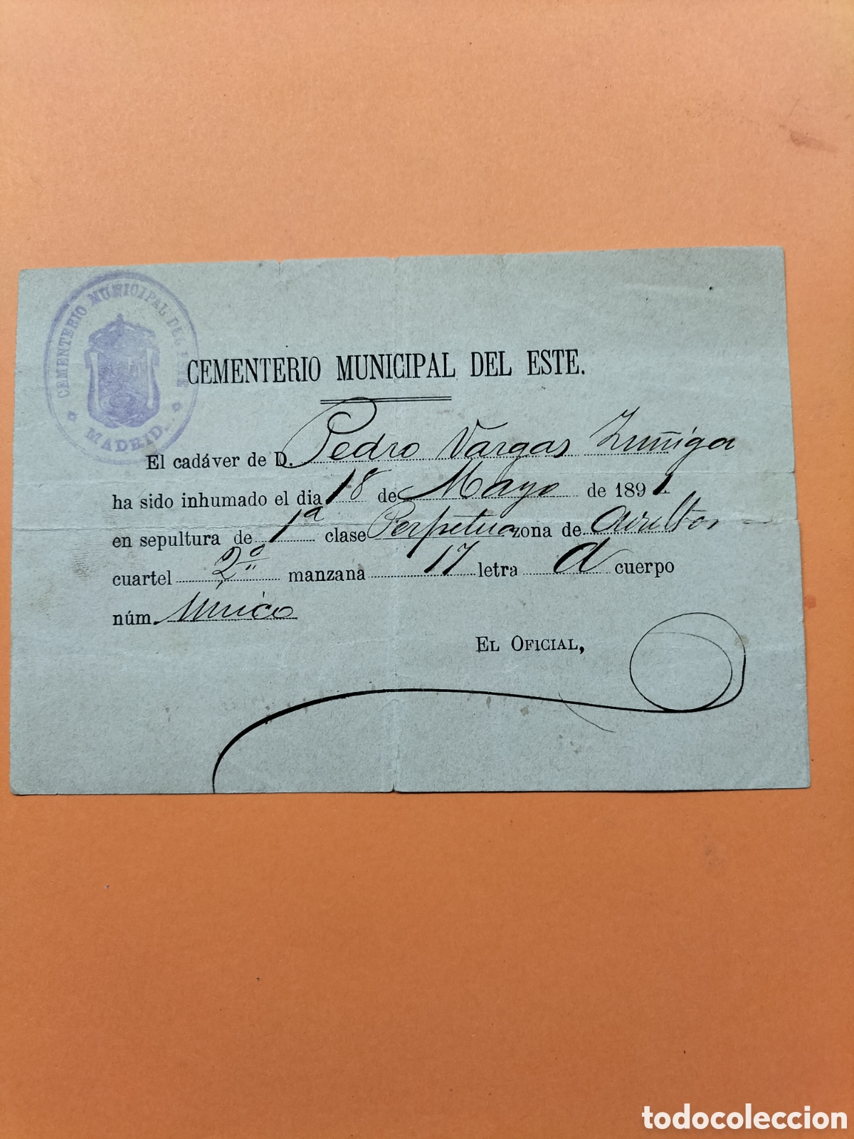 Facturas antiguas: Cementerio Municipal del Este , Madrid. 1891. - Foto 1