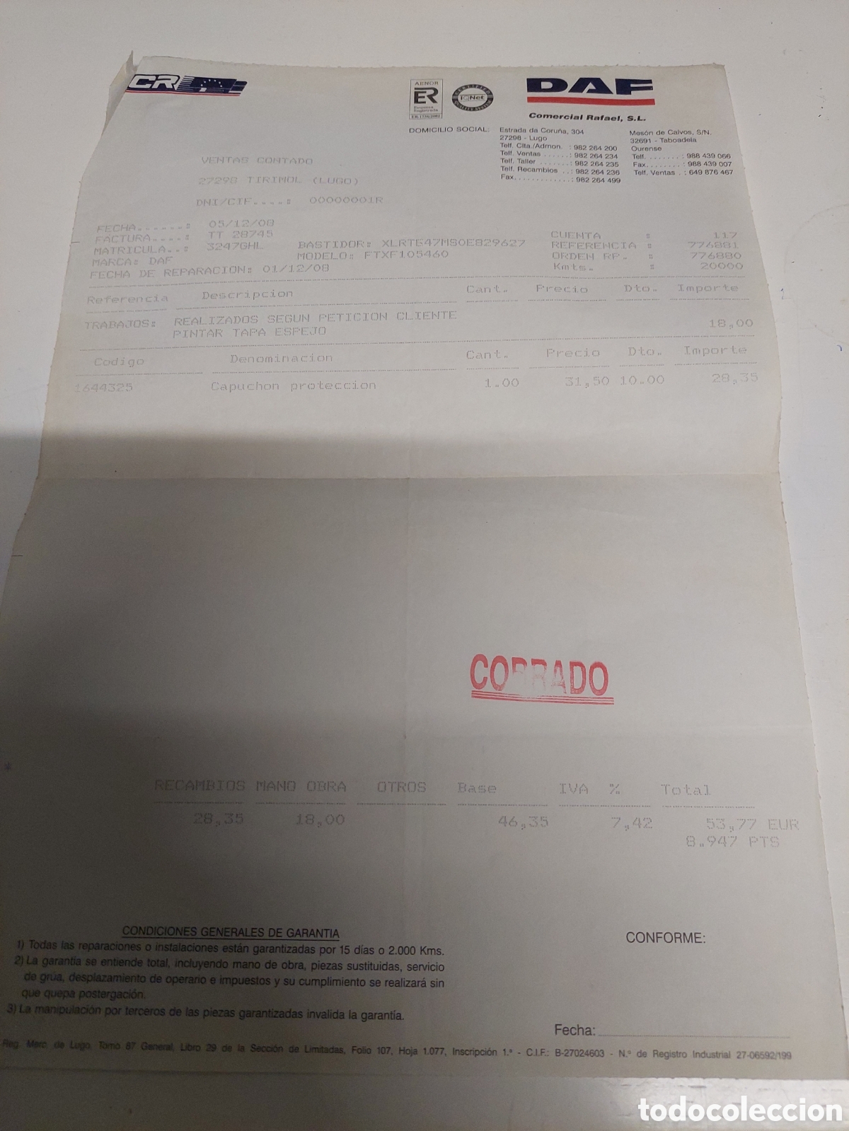 Facturas antiguas: FACTURA DAF TIRIMOL LUGO - Foto 1