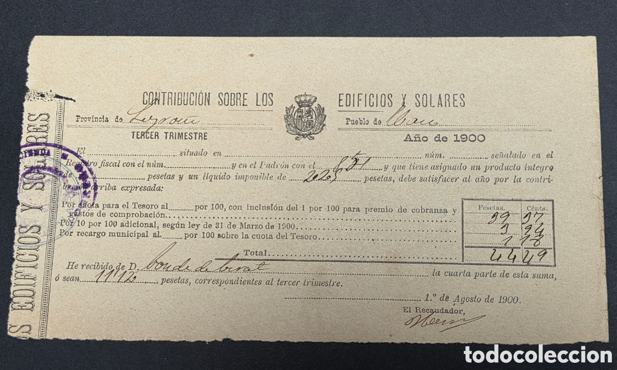 Facturas antiguas: Logro&ntilde;o. 1900 Recibo Contribuci&oacute;n sobre Edificios y Solares - Foto 1