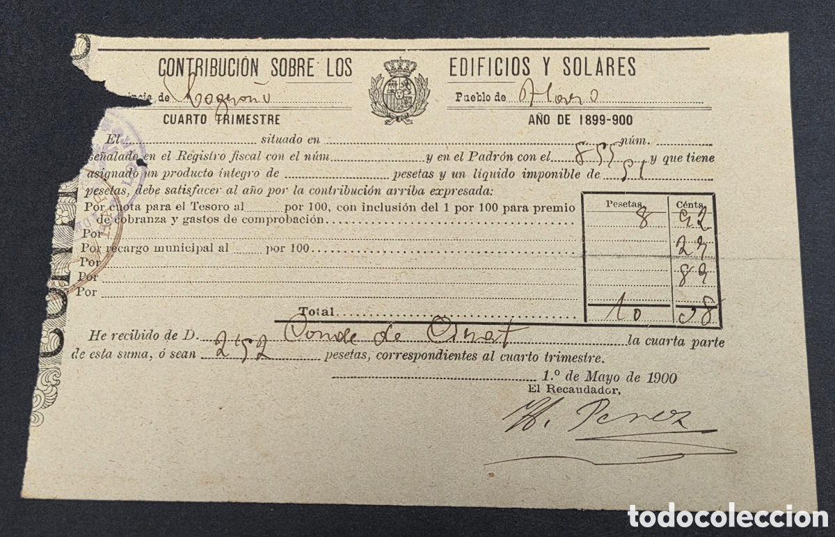 Facturas antiguas: Logro&ntilde;o 1900 Haro, Recibo Contribuci&oacute;n sobre EDIFICIOS y SOLARES - Foto 1