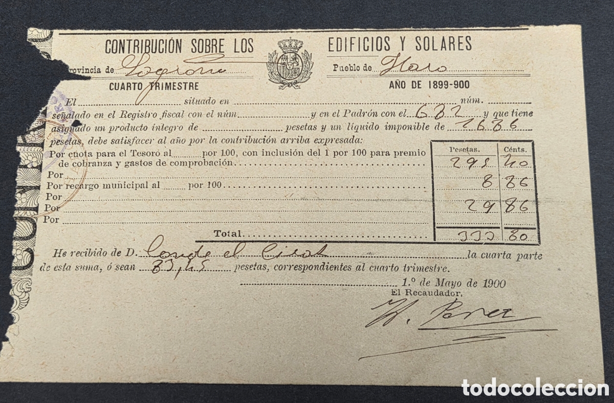 Facturas antiguas: Logro&ntilde;o 1900 Haro, Recibo Contribuci&oacute;n sobre EDIFICIOS y SOLARES - Foto 1