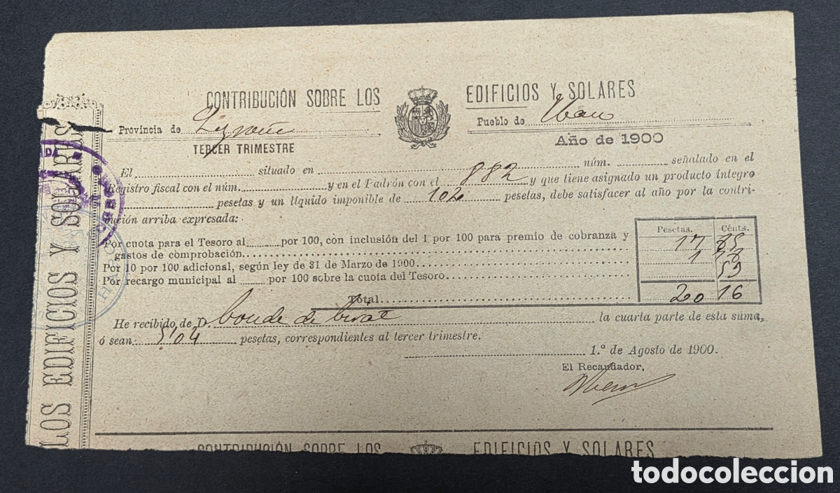 Facturas antiguas: Logro&ntilde;o 1900 Haro, Recibo Contribuci&oacute;n sobre EDIFICIOS y SOLARES - Foto 1