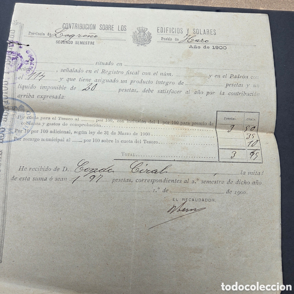Facturas antiguas: R&iacute;oja, Haro 1900 Recibo contribuci&oacute;n Edificios y Solares. - Foto 1