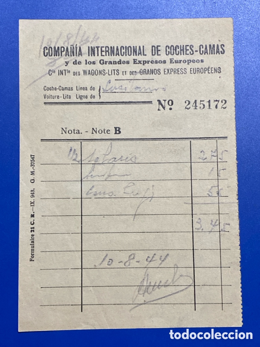 Facturas antiguas: Compa&ntilde;&iacute;a internacional de coches Camas, 1944 - Foto 1
