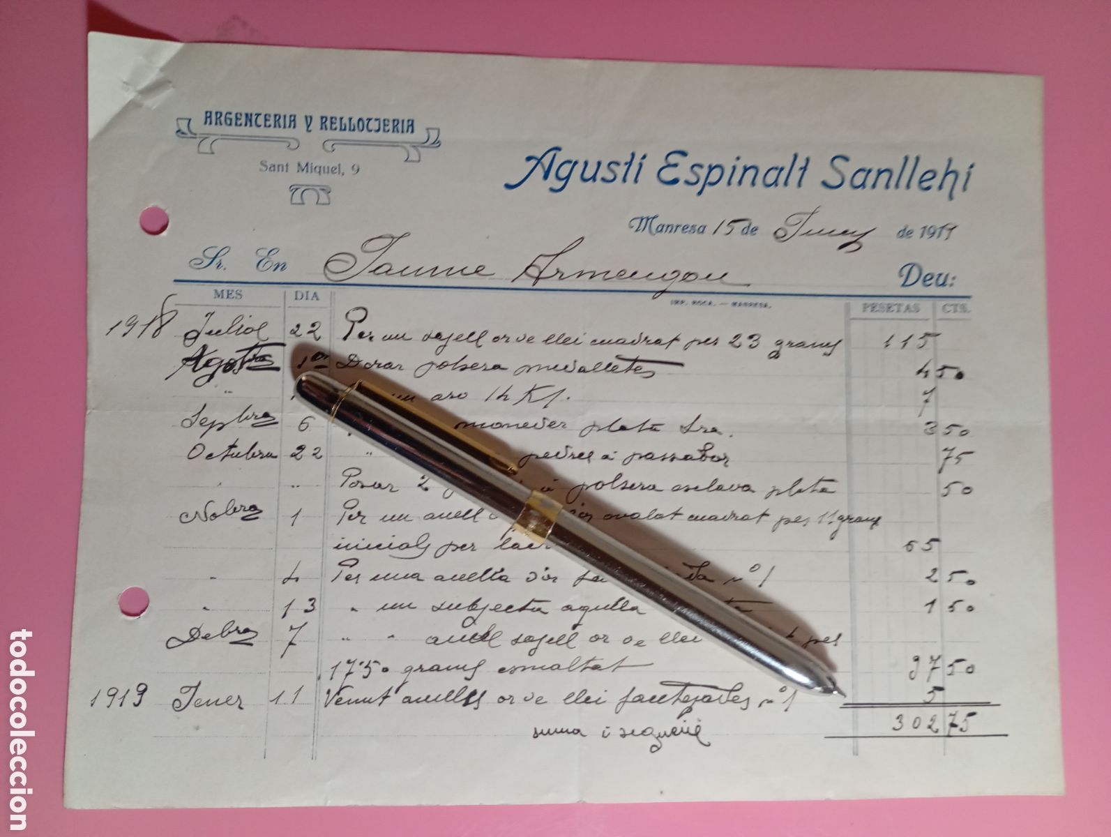 Facturas antiguas: 2 FACTURA 3 HOJAS MANRESA 1919 ARGENTERIA Y RELLOTJERIA AGUST&Iacute; ESPINALT SANLLEH&Iacute; en catal&agrave;