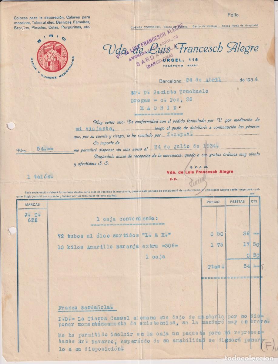 Facturas antiguas: Viuda de Luis Francesch Alegre. Barcelona. - Foto 1