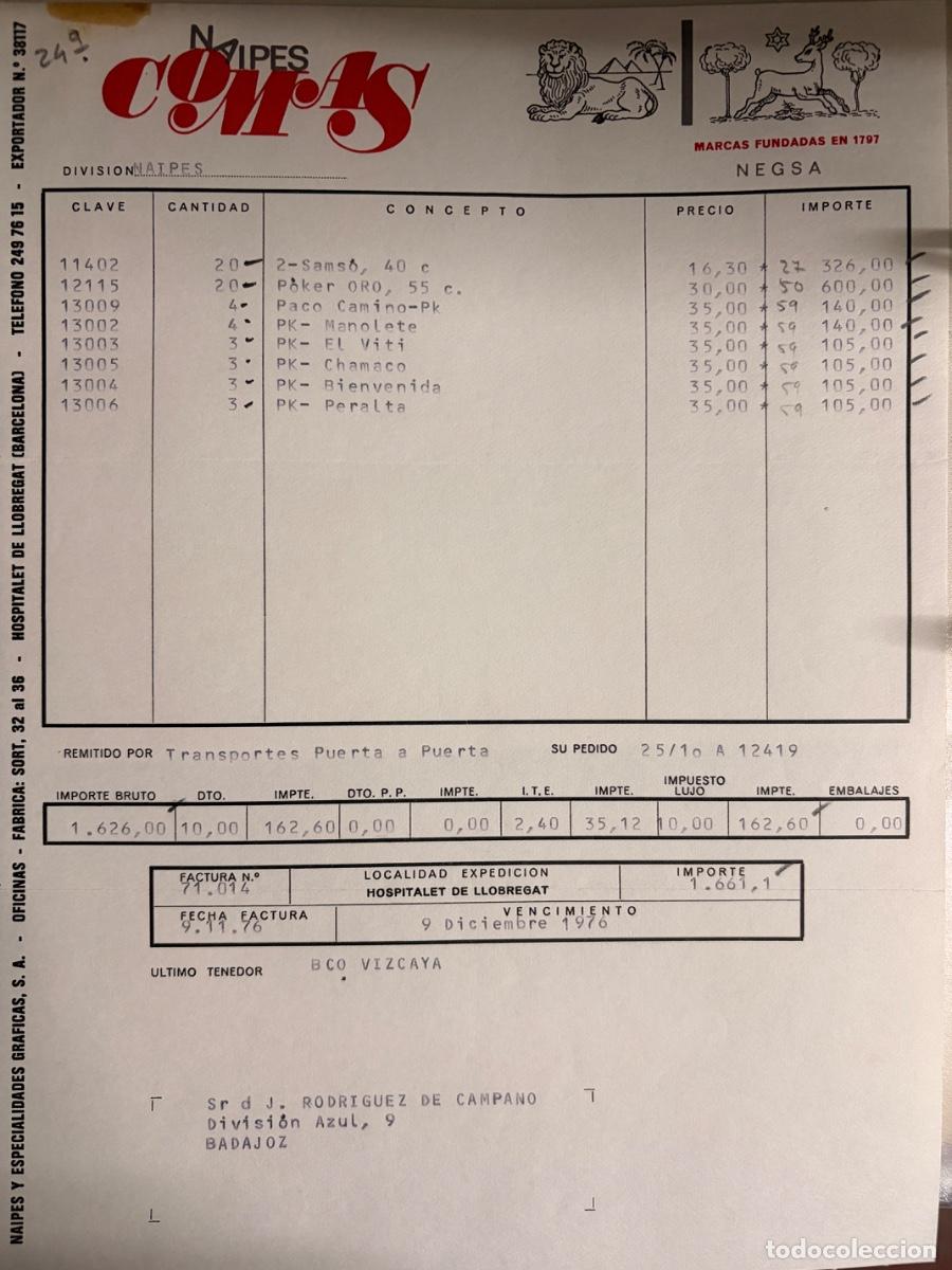 Factures anciennes: FACTURA. NAIPES. COMAS. HOSPITALET DE LLOBREGAT, 1976.