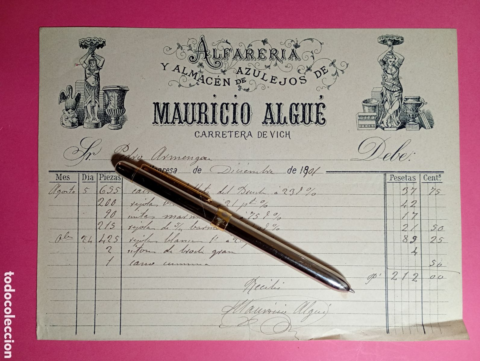 Factures anciennes: MANRESA FACTURA 1901 ALFARER&Iacute;A Y ALMACEN AZULEJOS MAURICIO ALGU&Egrave; firma aut&oacute;grafa