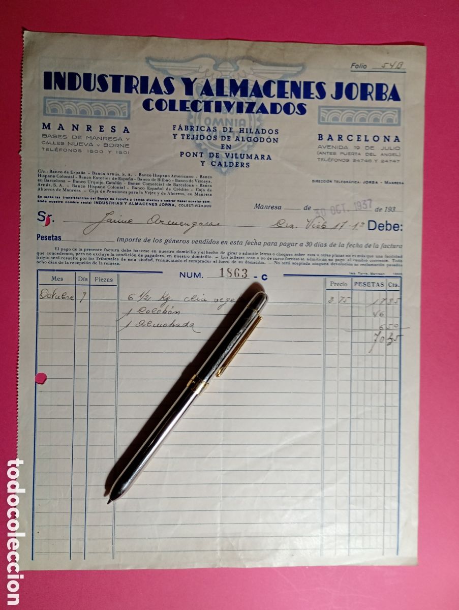 Factures anciennes: MANRESA FACTURA 1937 INDUSTRIAS Y ALMACENES JORBA COLECTIVIZADOS GUERRA CIVIL 2&ordf; REP&Uacute;BLICA
