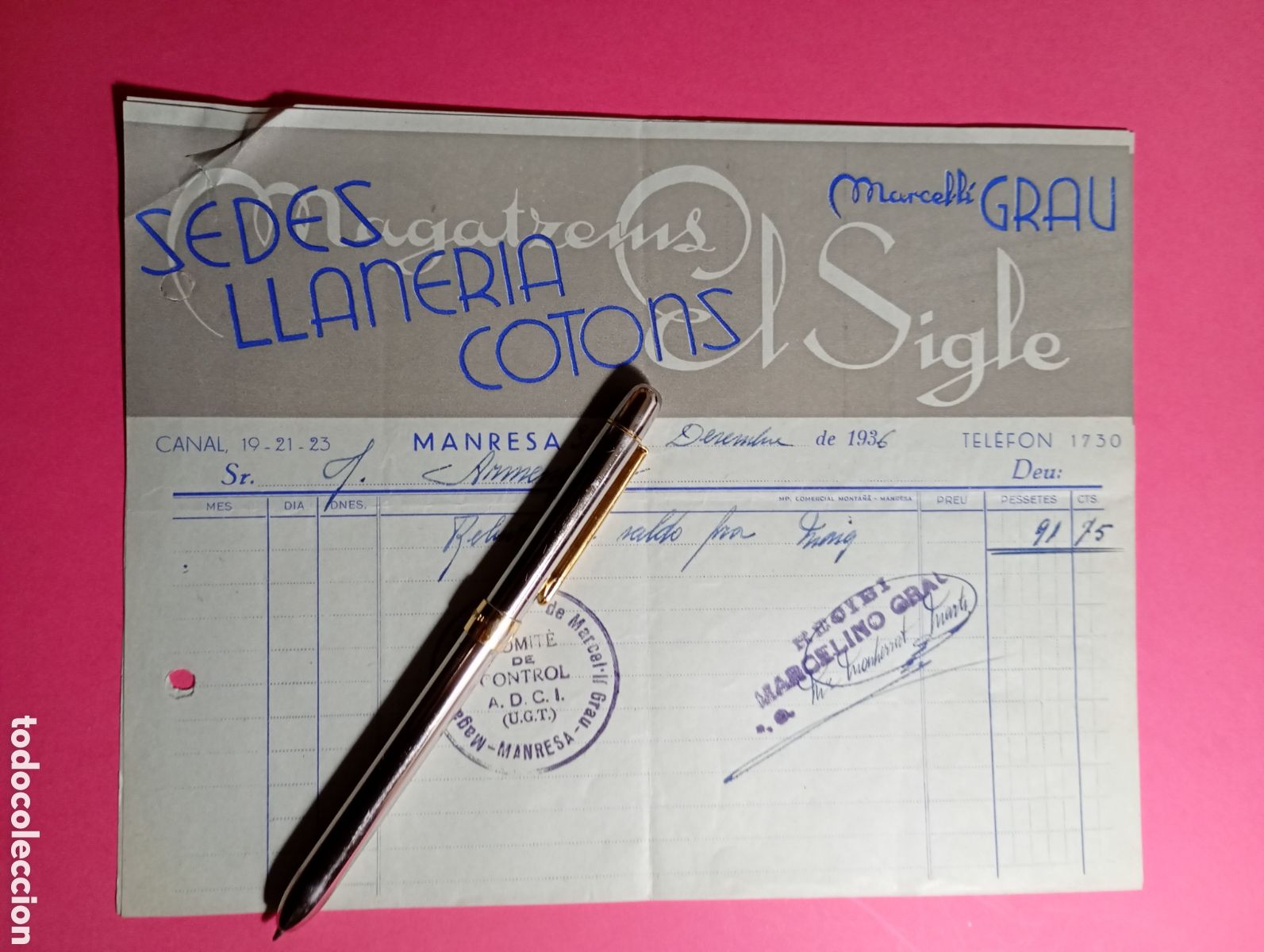 Facturas antiguas: MANRESA 2 FACTURA 1936 MAGATZEMS EL SIGLE DE MARCEL.LI GRAU COMIT&Egrave; DE CONTROL A.D.C.I. (U.G.T.)