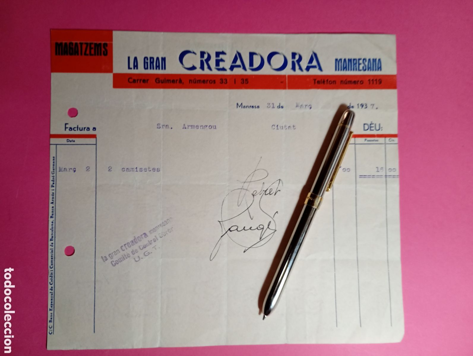 Old Invoices: MANRESA FACTURA 1937 MAGATZEMS LA GRAN CREADORA MANRESANA COMIT&Egrave; DE CONTROL OBRER U.G.T.
