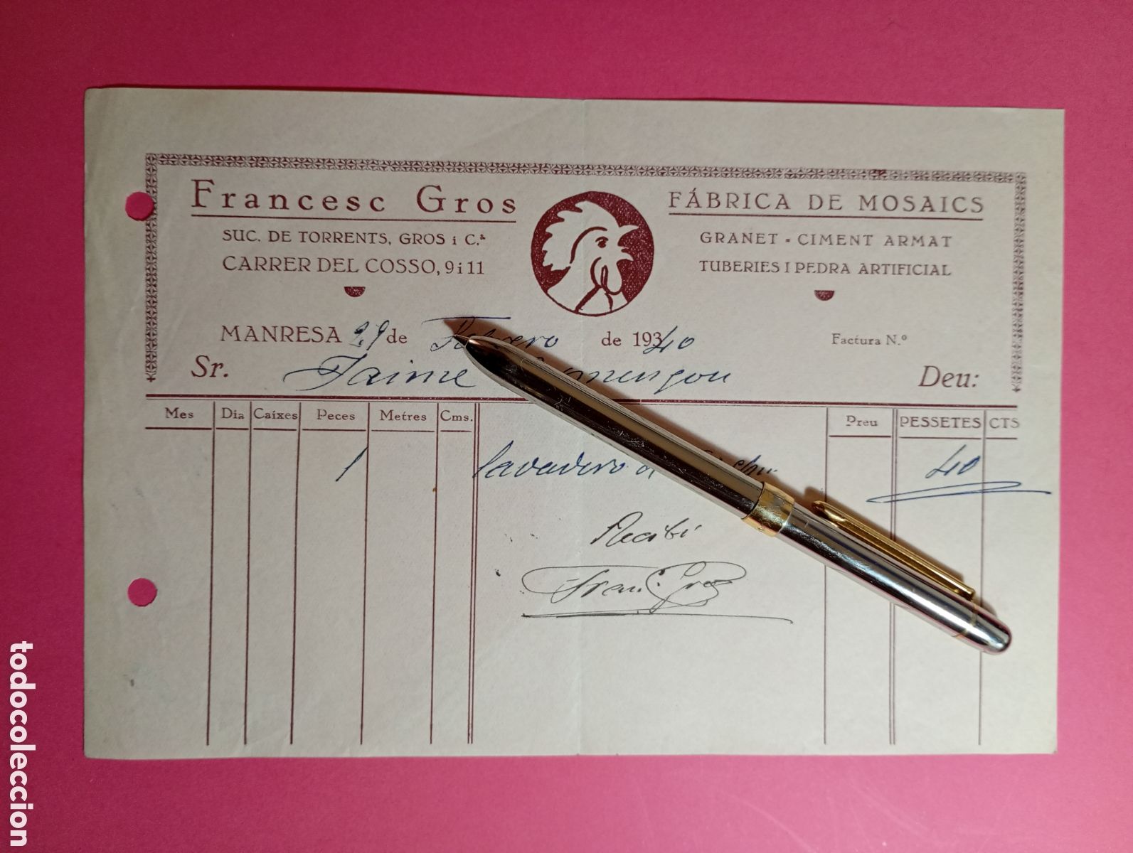 Old Invoices: MANRESA FACTURA 1940 FRANCESC GROS F&Aacute;BRICA MOSAICS GRANET CIMENT ARMAT TUBERIES PEDRA ARTIFICIAL