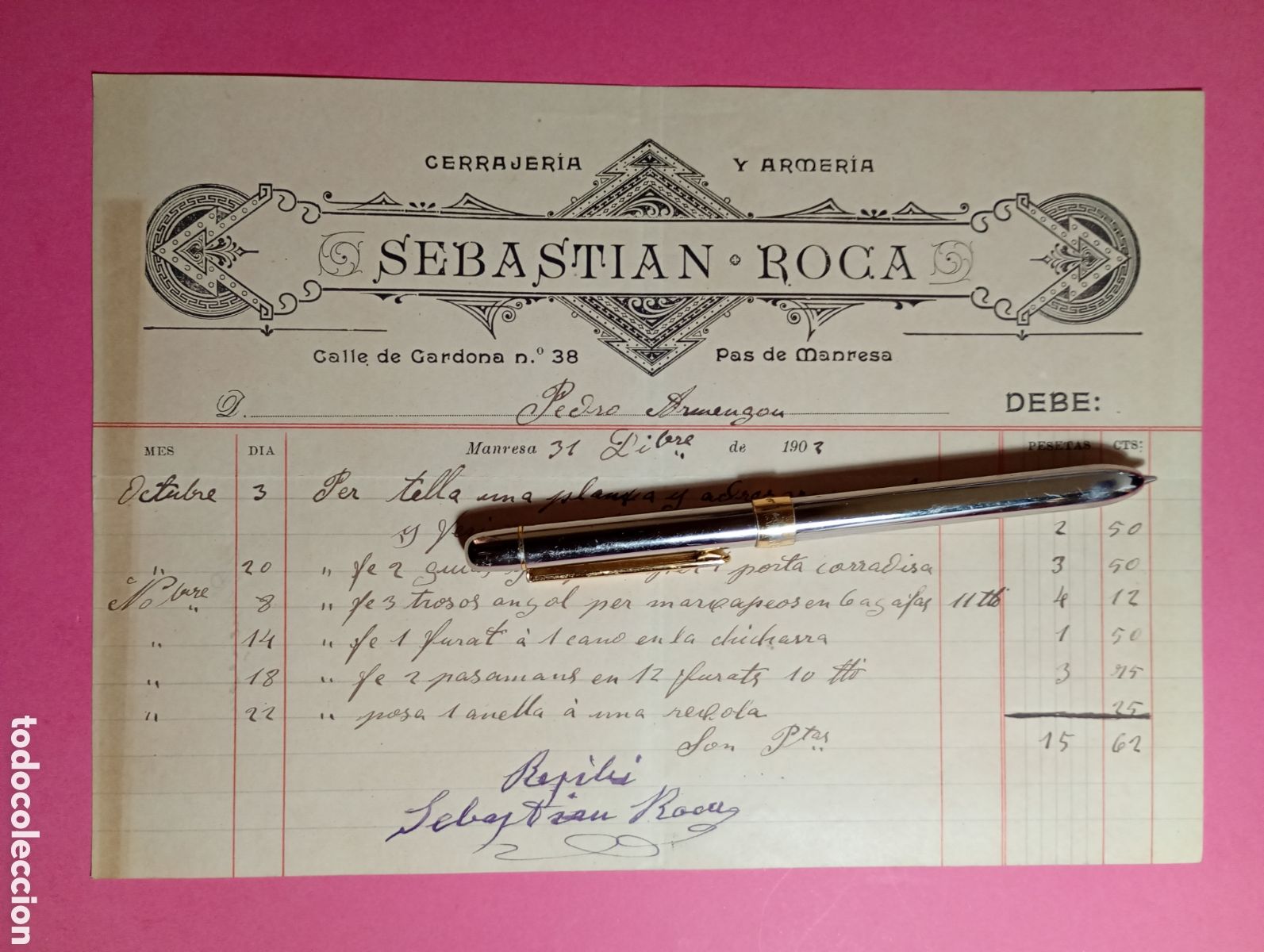 Old Invoices: VINTAGE MANRESA FACTURA 1902 CERRAJER&Iacute;A Y ARMER&Iacute;A SEBASTIAN ROCA firma aut&oacute;grafa